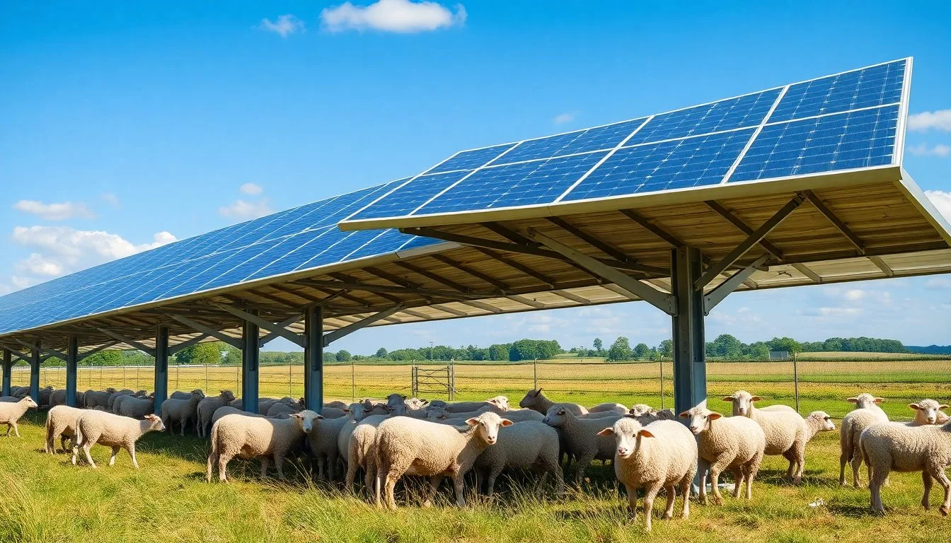 Sheep grazing beneath elevated solar panels on a sunny British farm, panels raised high enough for the animals to move freely underneath