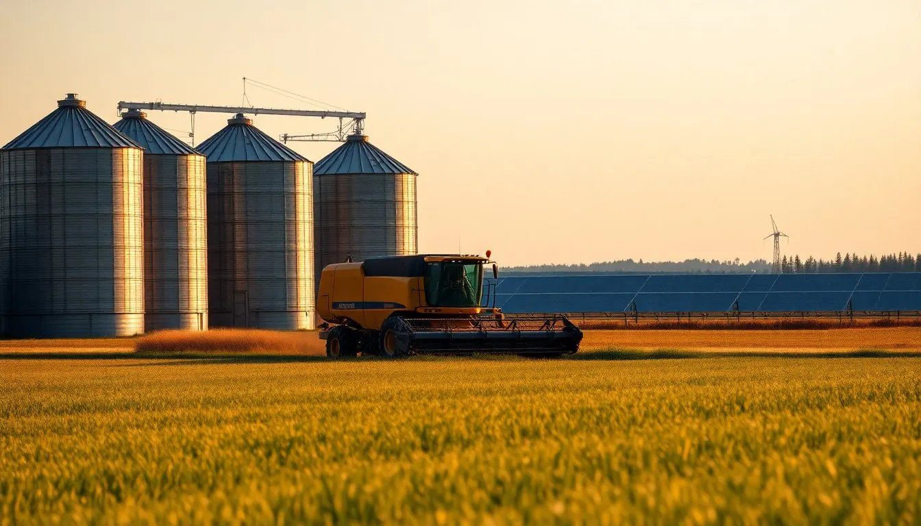 Grain silos and a combine harvester beside a wheat field with a solar array on the horizon