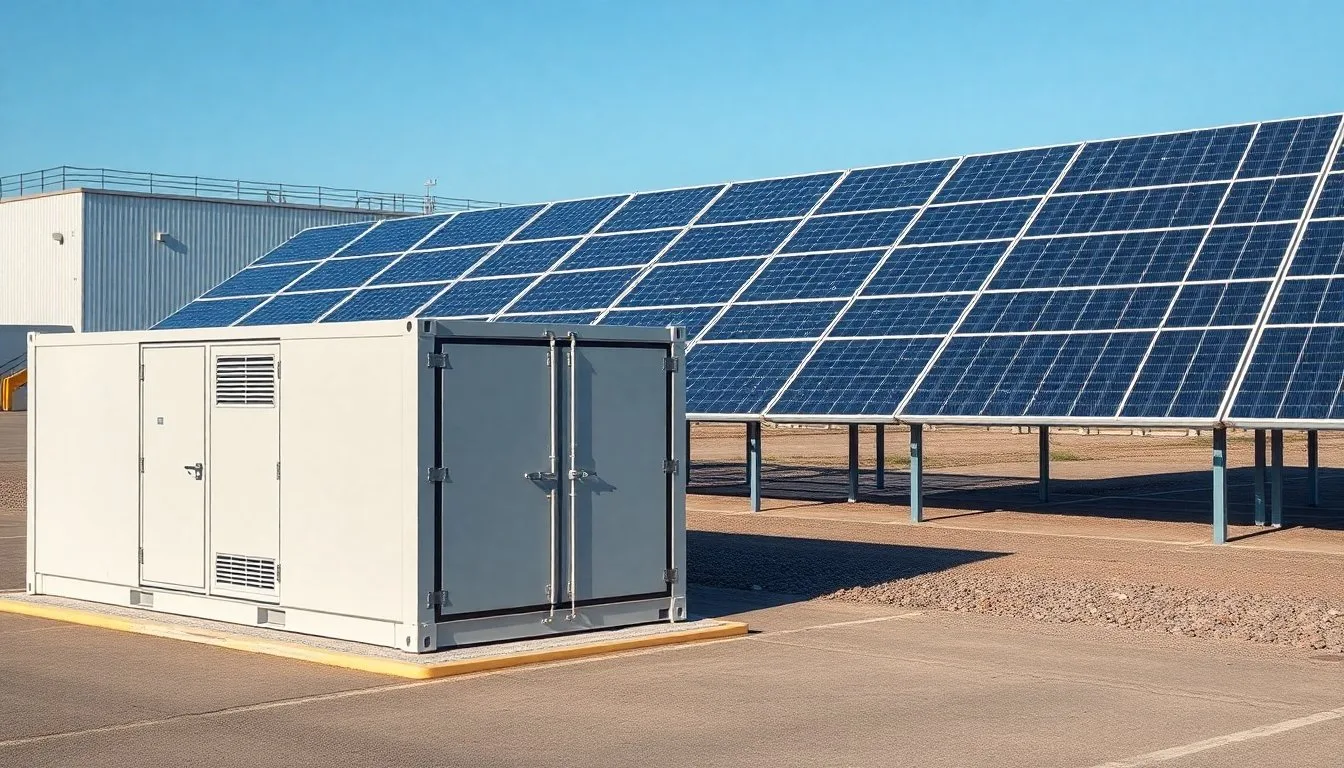 Modern industrial battery storage containers positioned next to a large solar panel array at a commercial site, engineering photography