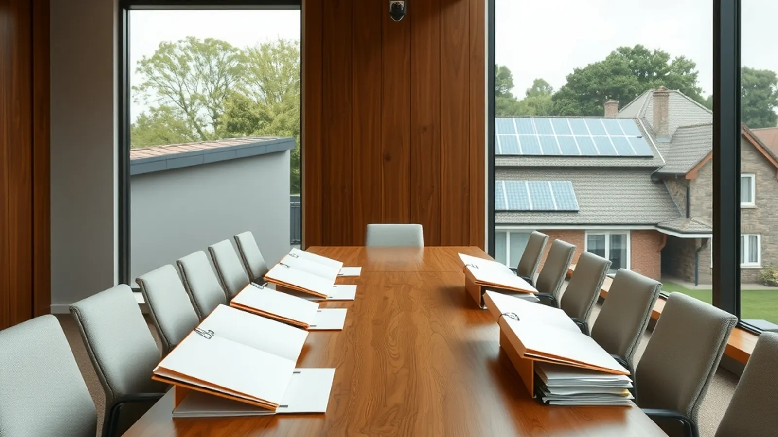 Empty boardroom with closed folders and a window view of solar panels on a neighbouring roof