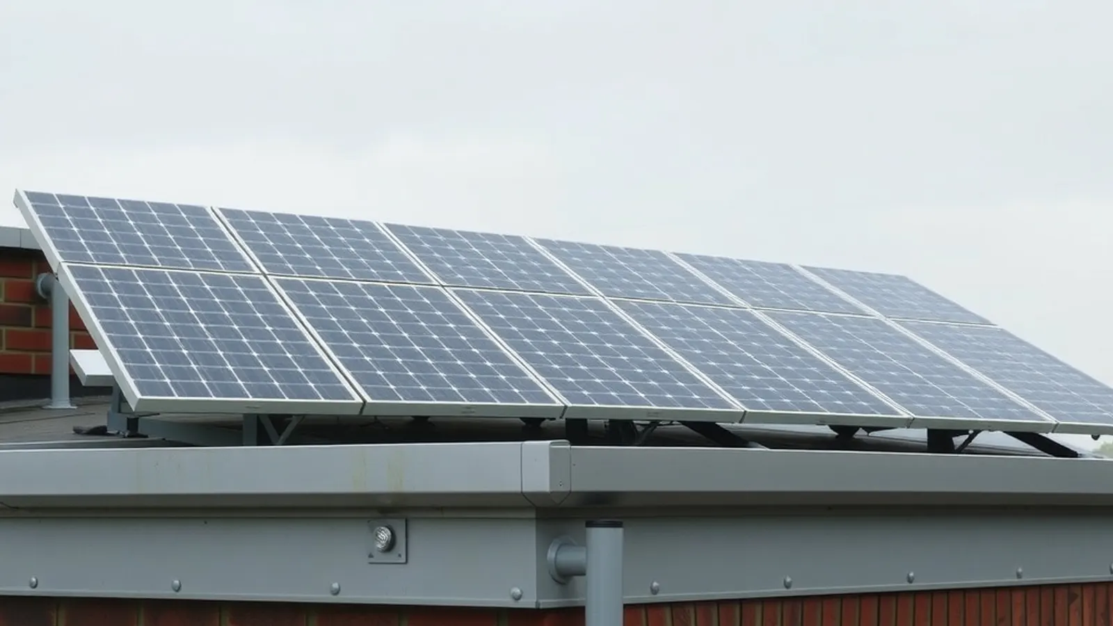 Rooftop solar array tilted above a parapet wall with steel flashing