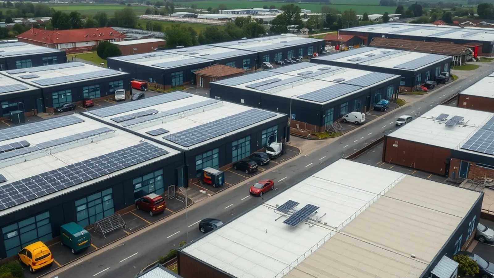 Aerial view of a business park with several flat-roofed units carrying solar arrays
