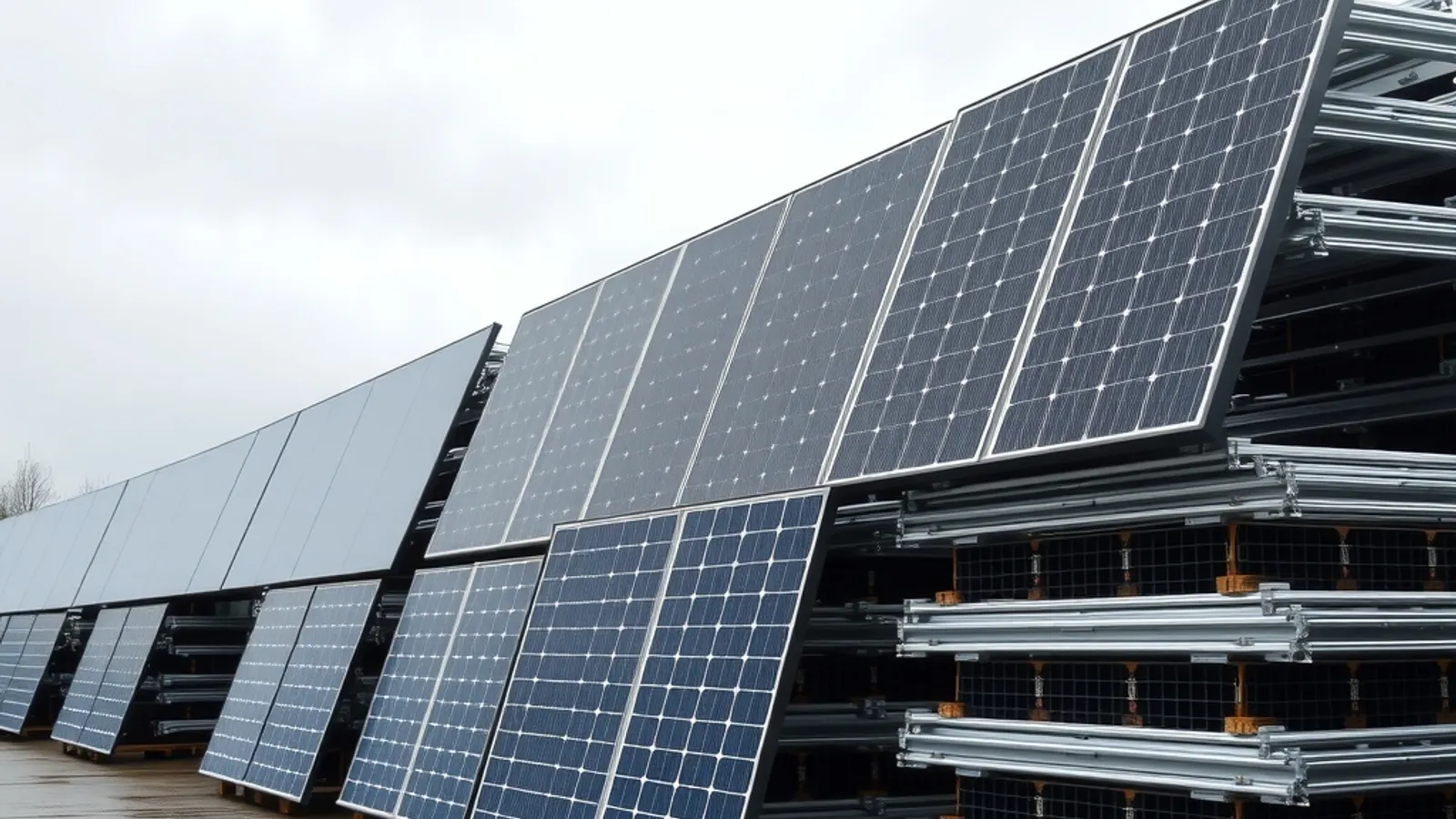 Pallets of solar panels and mounting rails stacked in an industrial yard