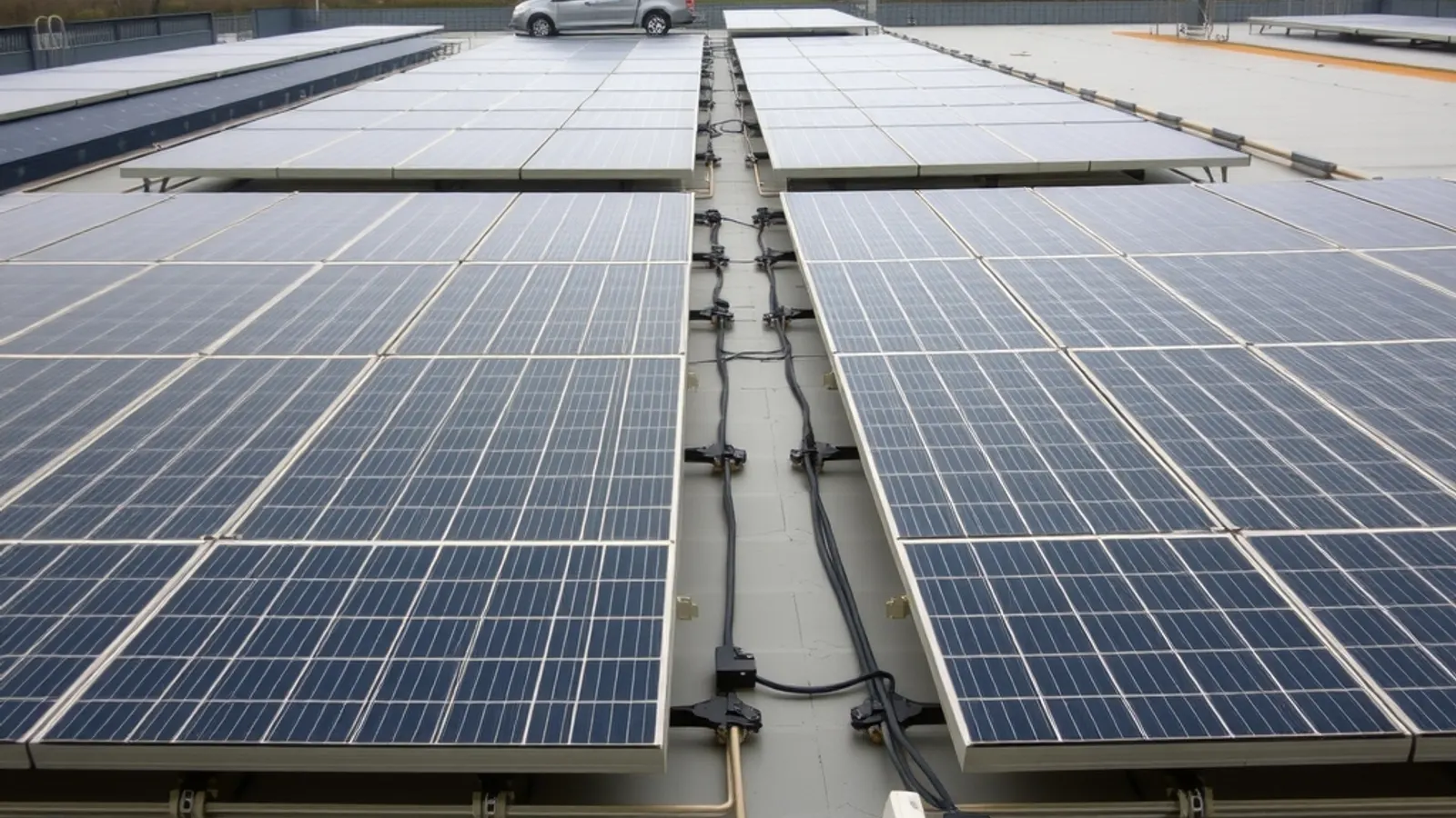 Neat rows of solar panels on a flat roof with cable trays running between them