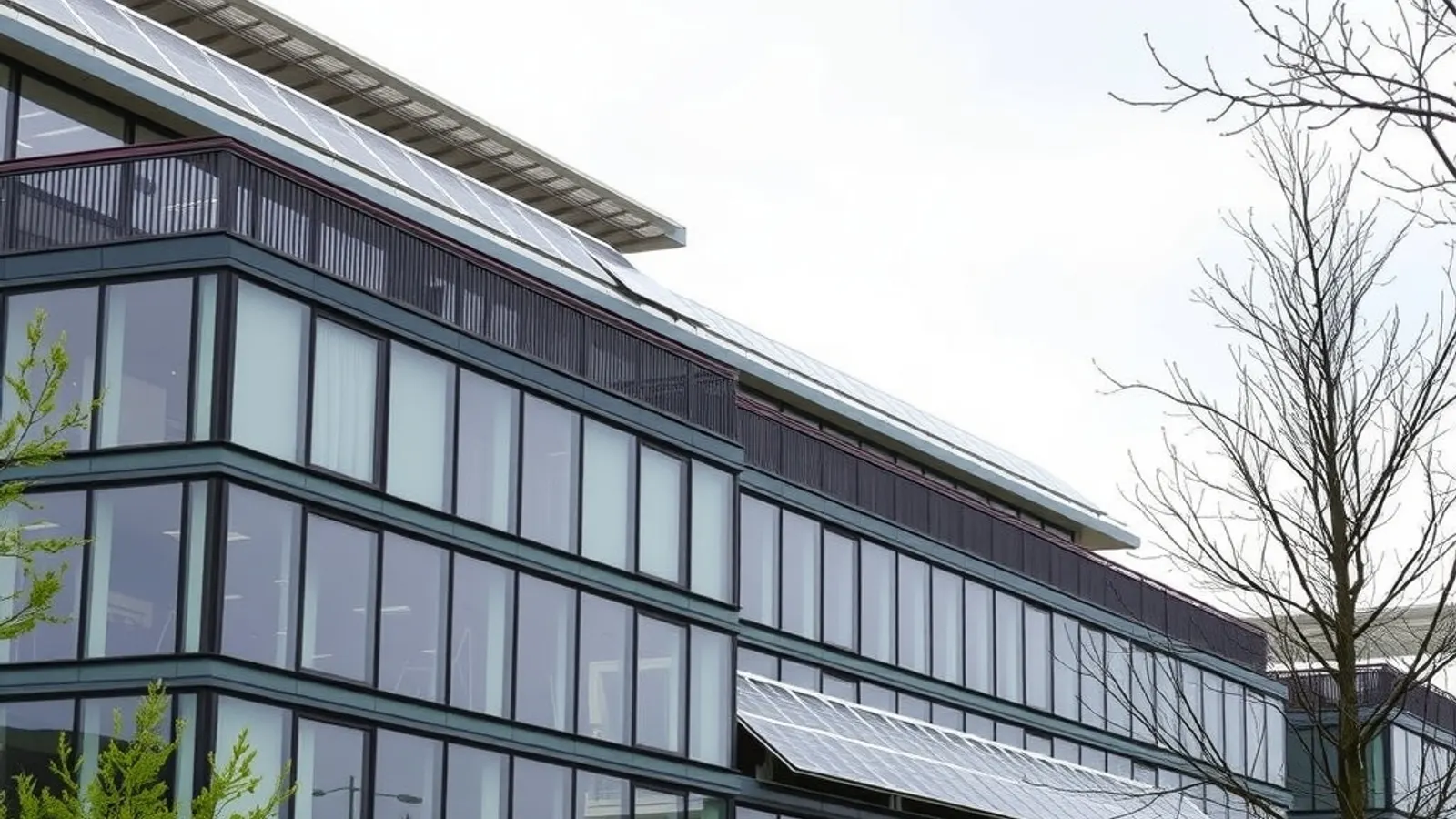 Modern multi-storey office building with rooftop solar panels and a glass facade