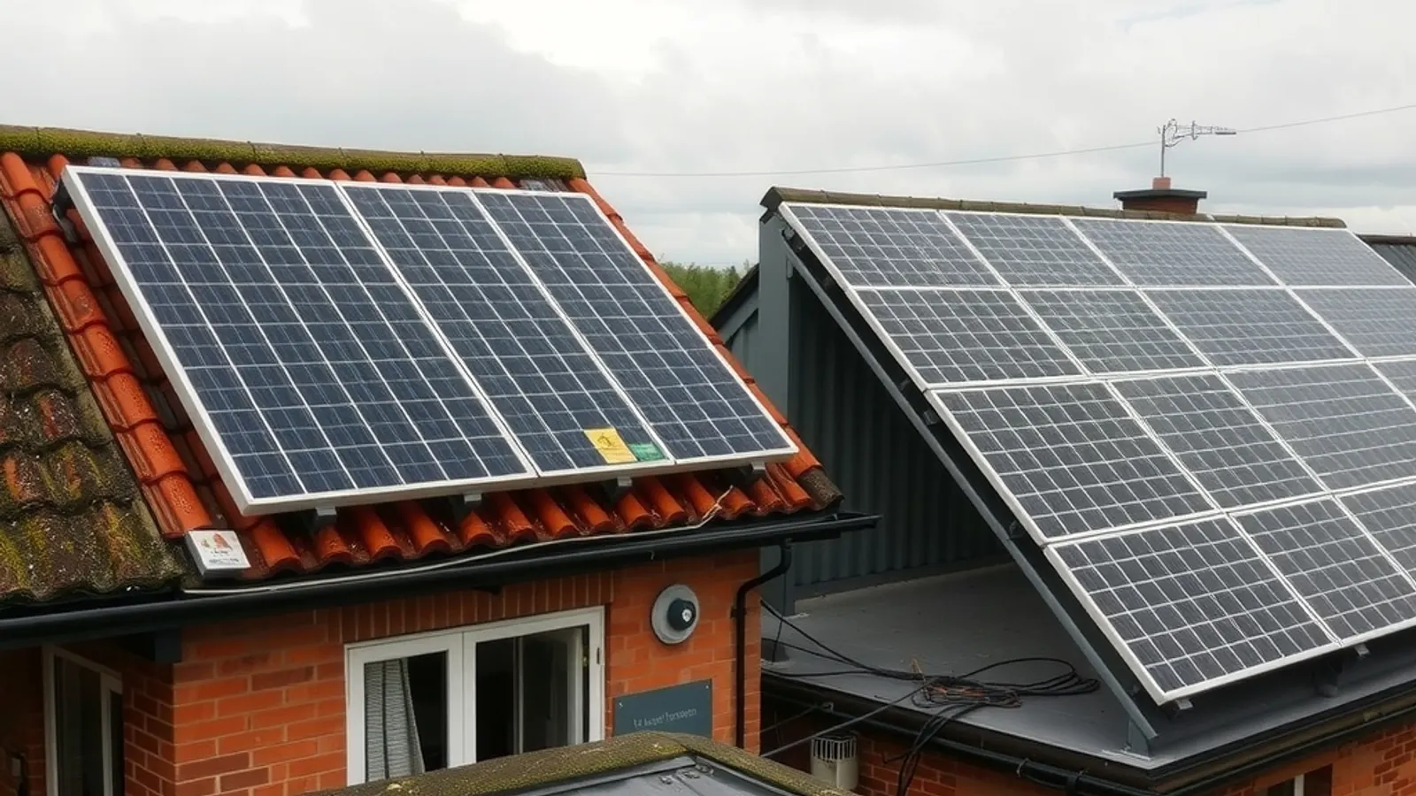 Older solar panels on a brick roof beside a newer array on the neighbouring roof