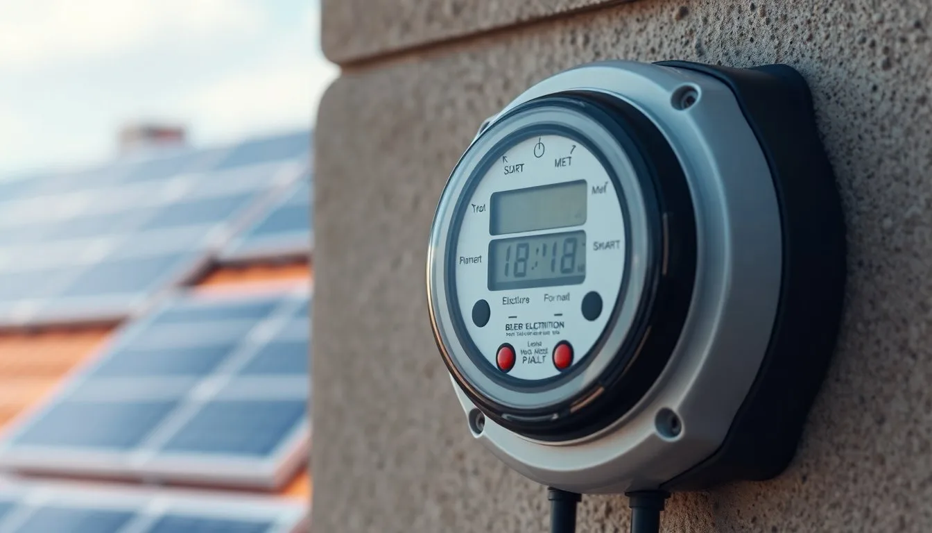 Close-up of a modern smart electricity meter mounted on a wall, rooftop solar panels visible in soft focus in the background