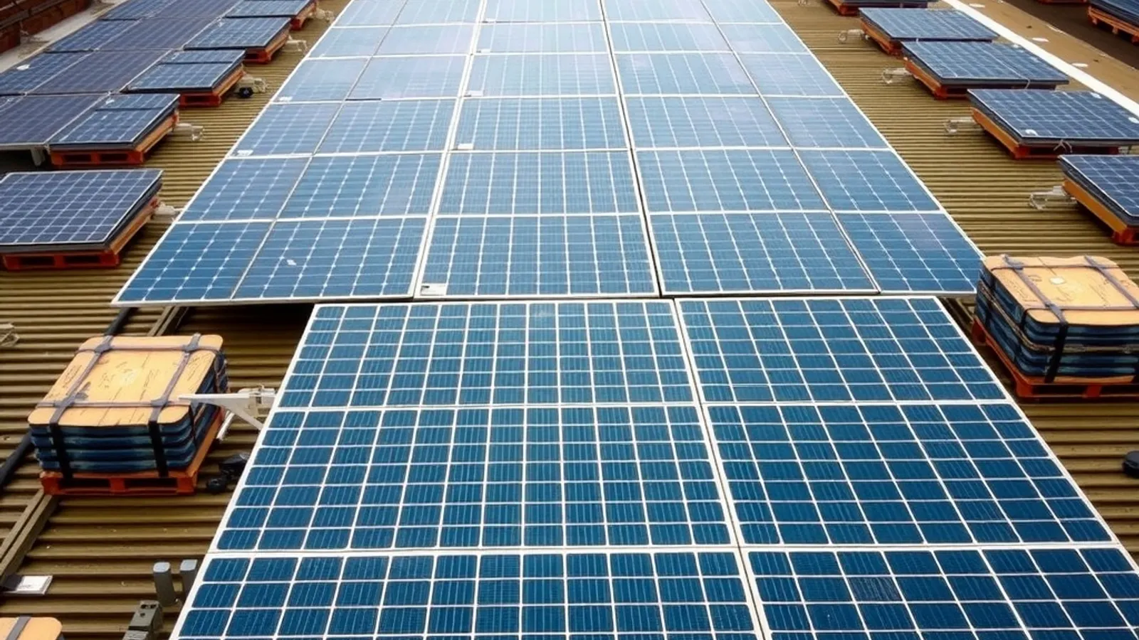 Newly installed solar panels across a factory roof with spare panels on pallets