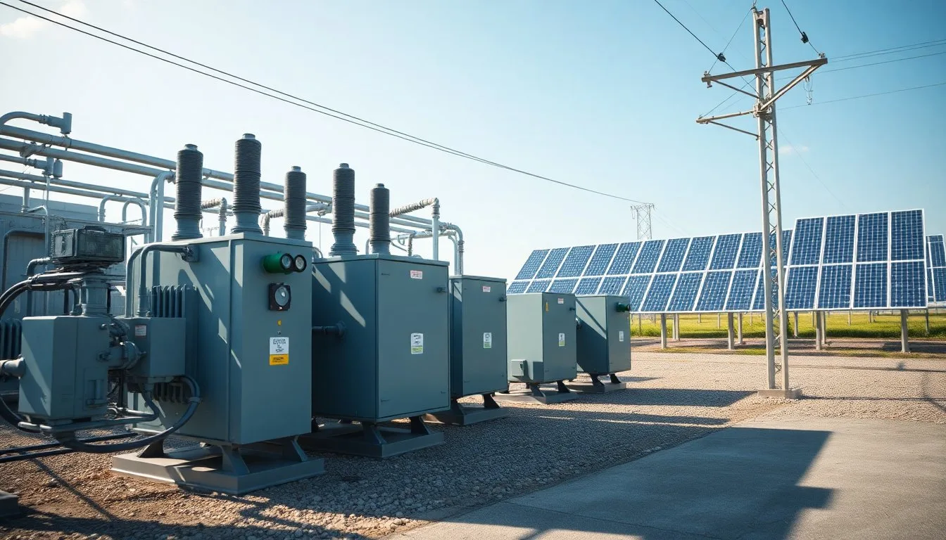 An electrical substation with transformers and grid connection infrastructure next to a solar installation, technical engineering photography style