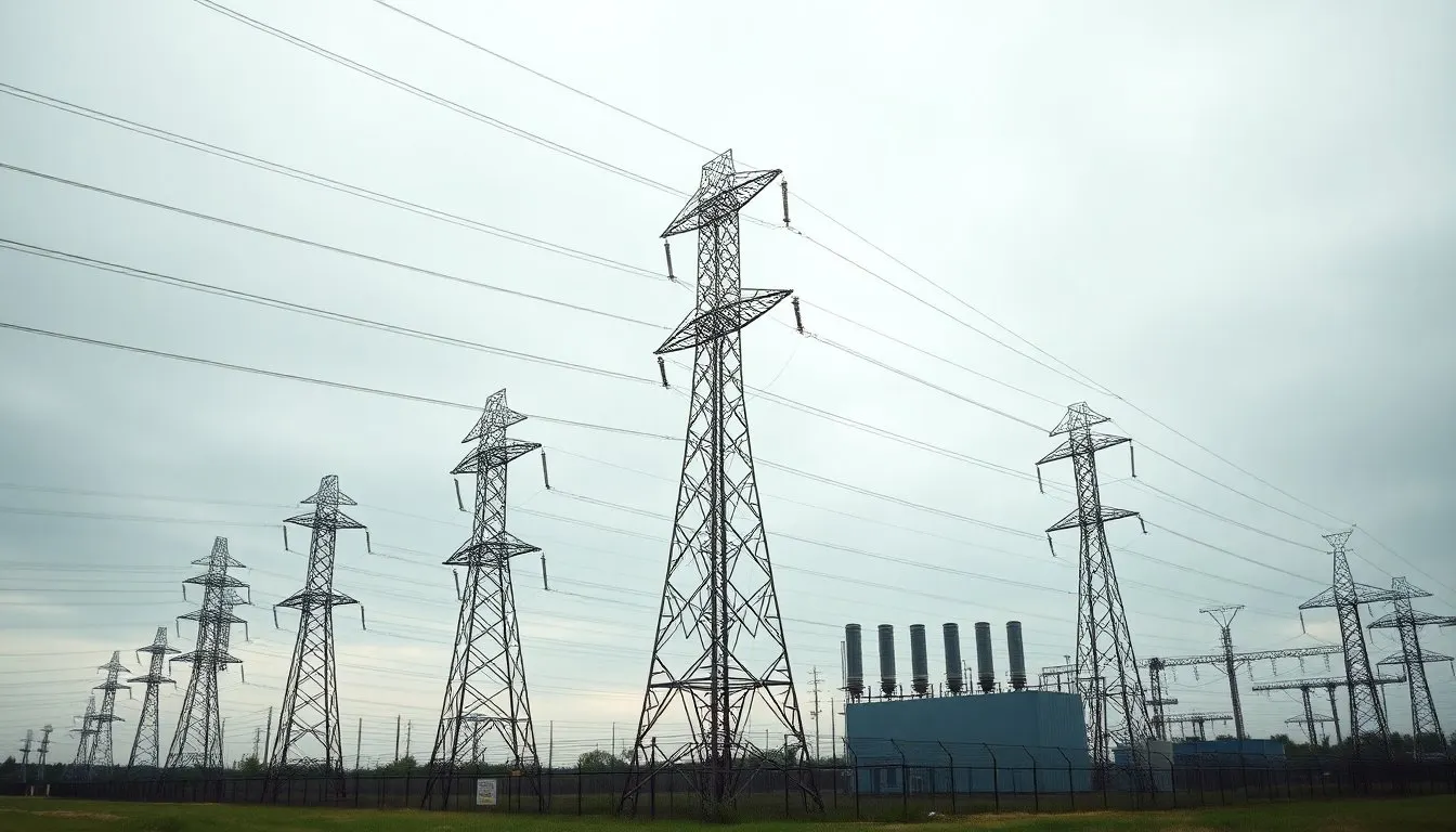 Electricity pylons and a substation under a pale grey sky