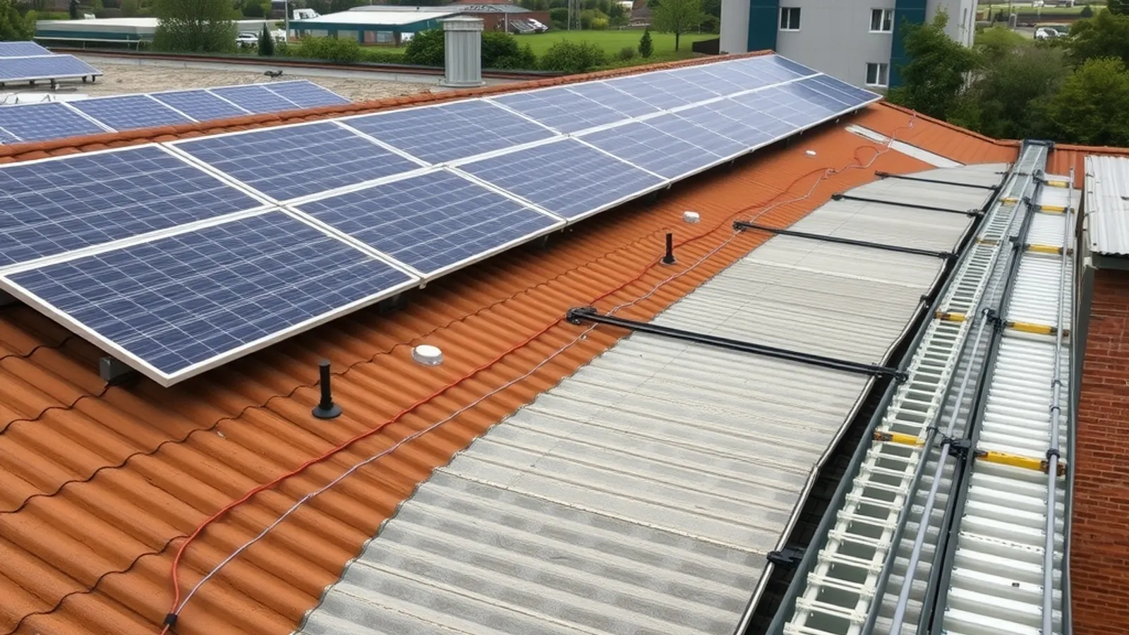 Solar panels fixed to a roof beside a metal access walkway, with mounting rails and cabling in place