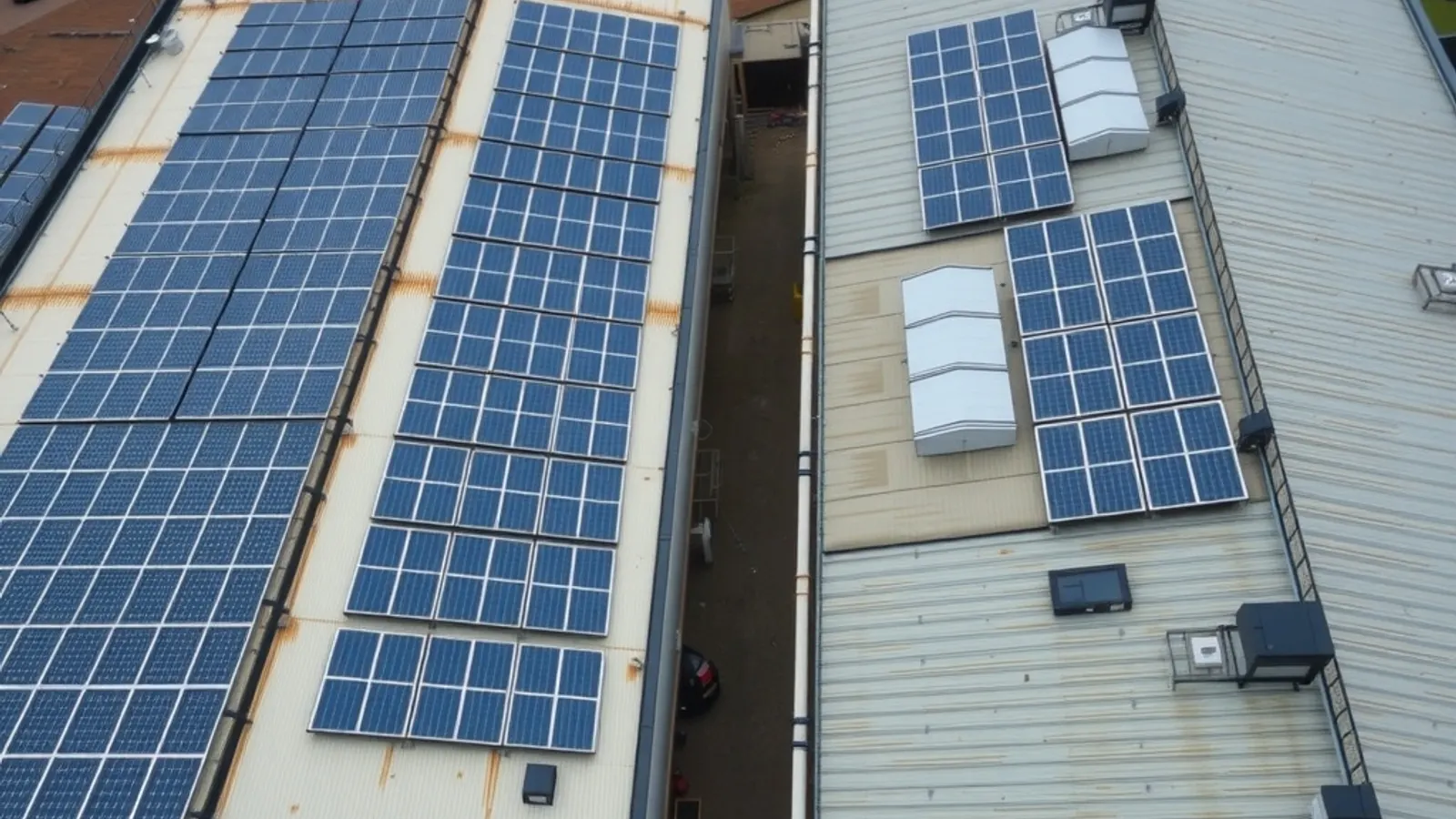 Aerial view of two neighbouring industrial roofs, one covered in solar panels and one bare