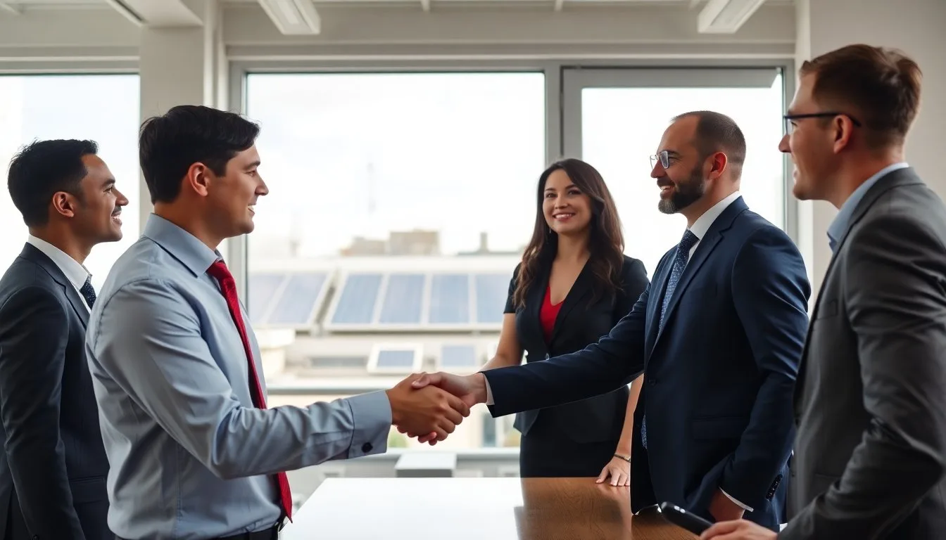 A professional consultant in business attire shaking hands with a business owner in a modern office, commercial rooftop solar panels visible through the window