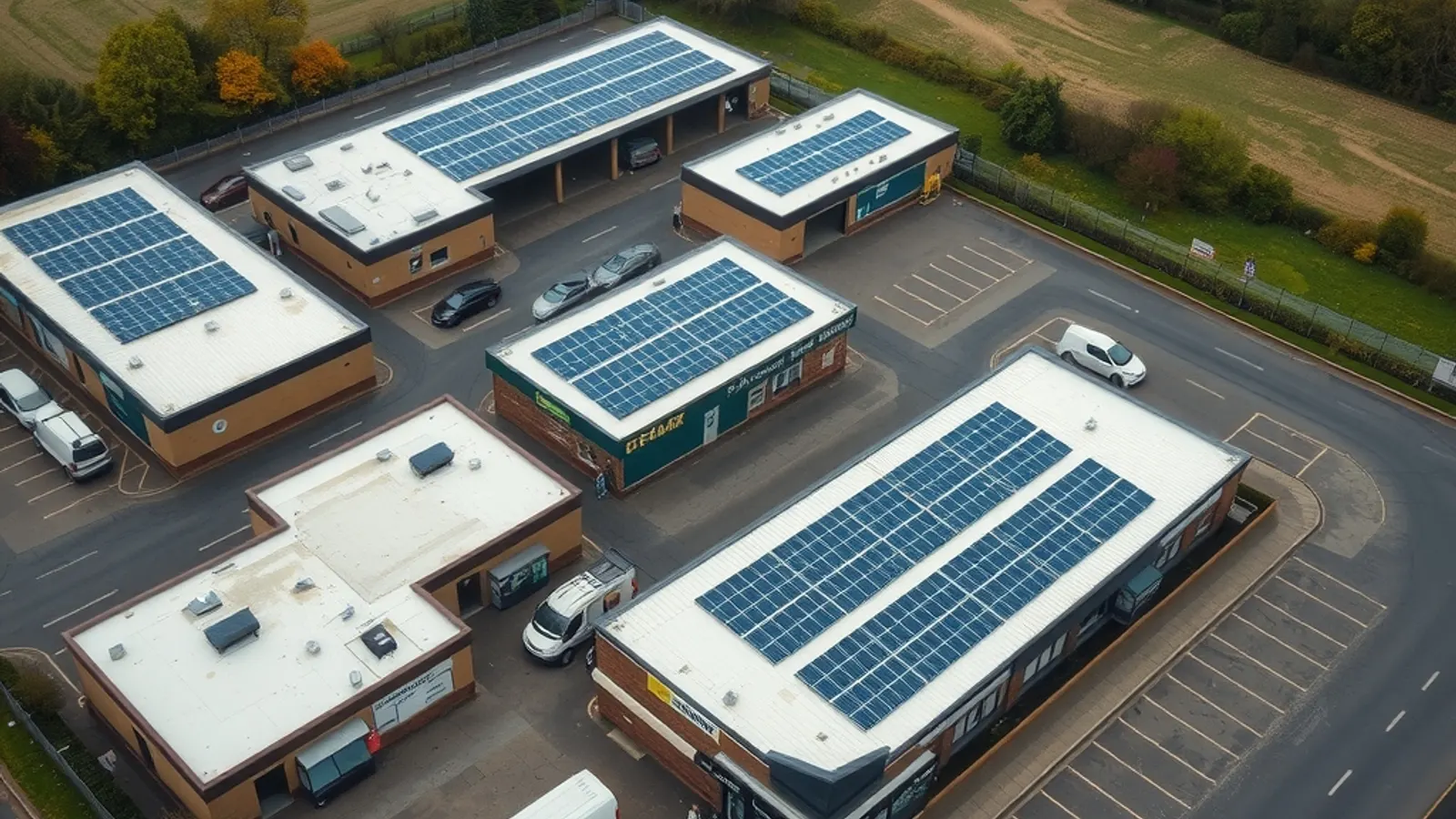 Aerial view of retail units with plain flat roofs, some covered in solar panels, beside a car park