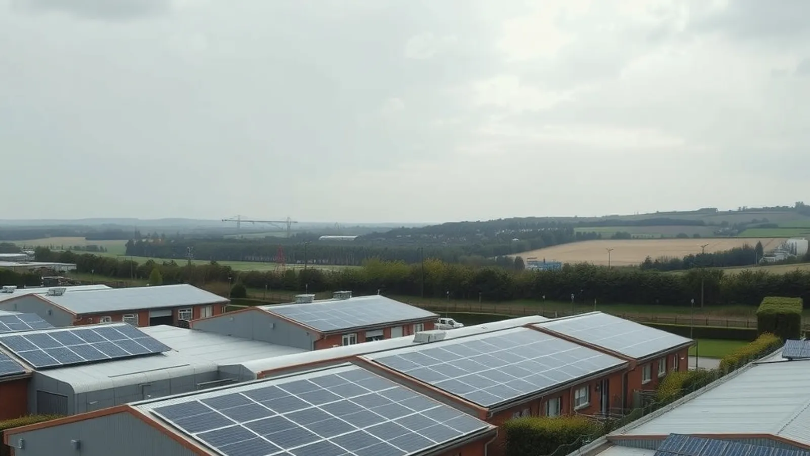 Several industrial units with rooftop solar panels across a UK commercial estate, hills in the distance