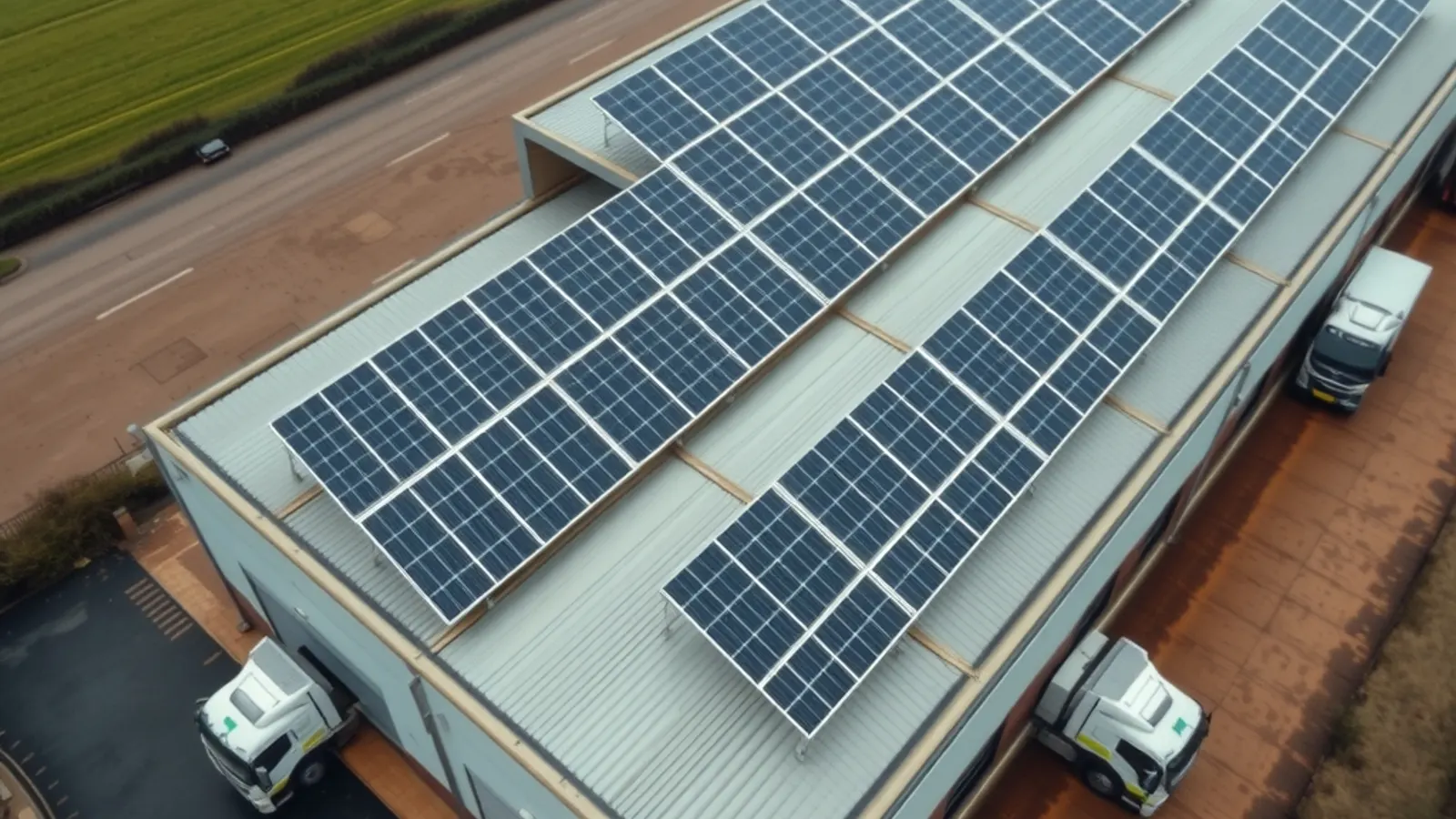 Aerial view of a distribution centre with a rooftop solar array and parked lorries