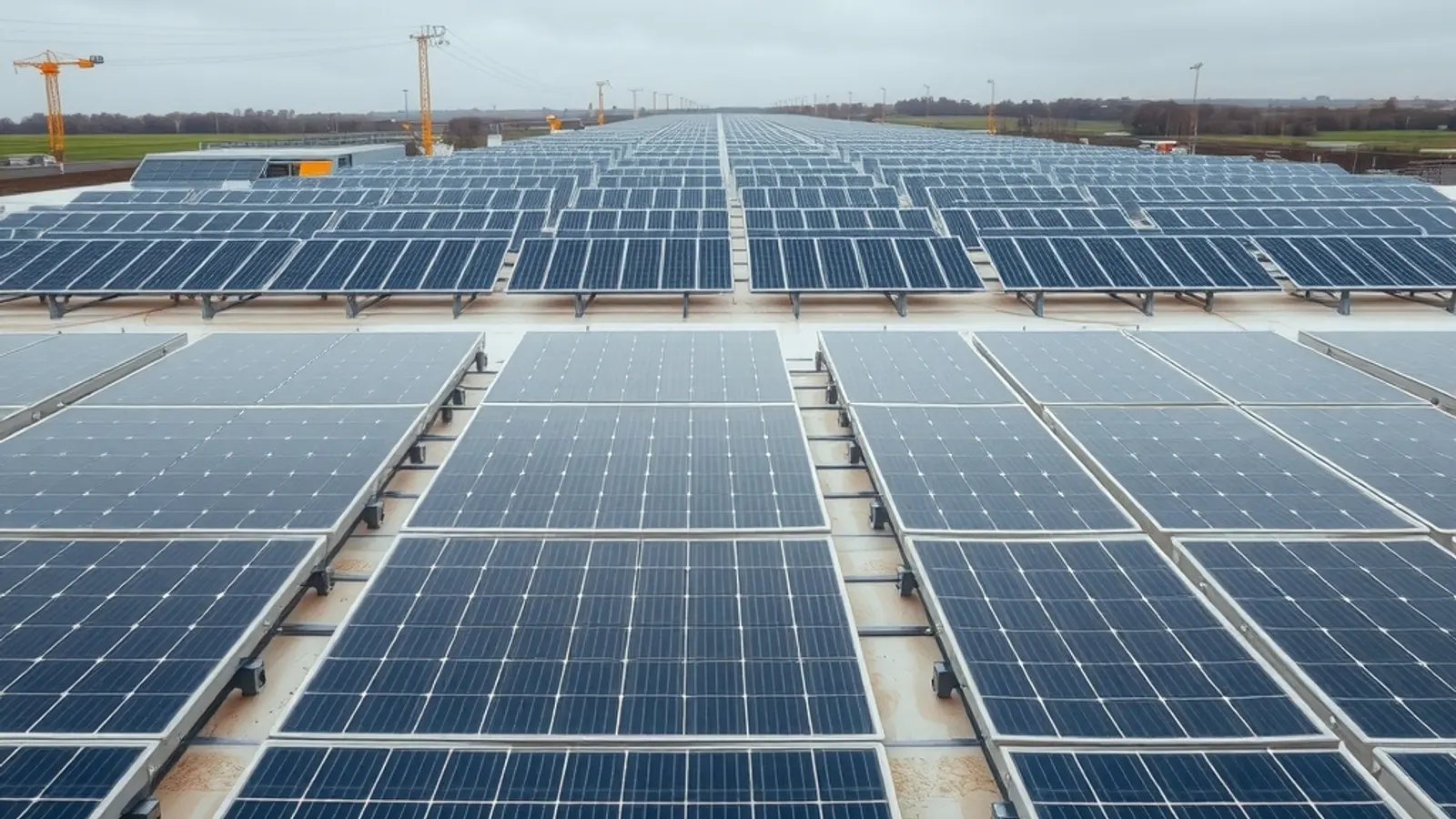 Large flat commercial roof with rows of solar panels and mounting rails