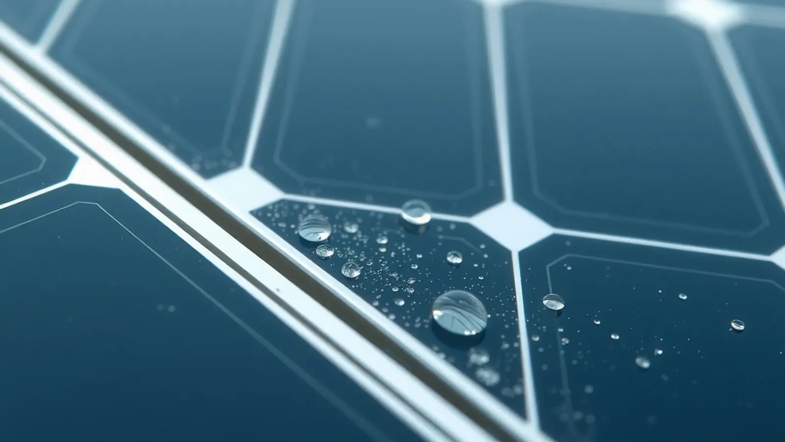 Close-up of solar cells and an aluminium panel frame with fine water droplets