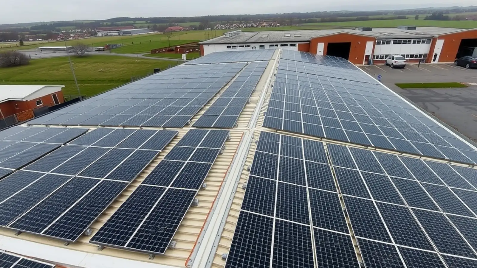 Large warehouse roof covered in rows of solar panels on a UK business park under an overcast sky