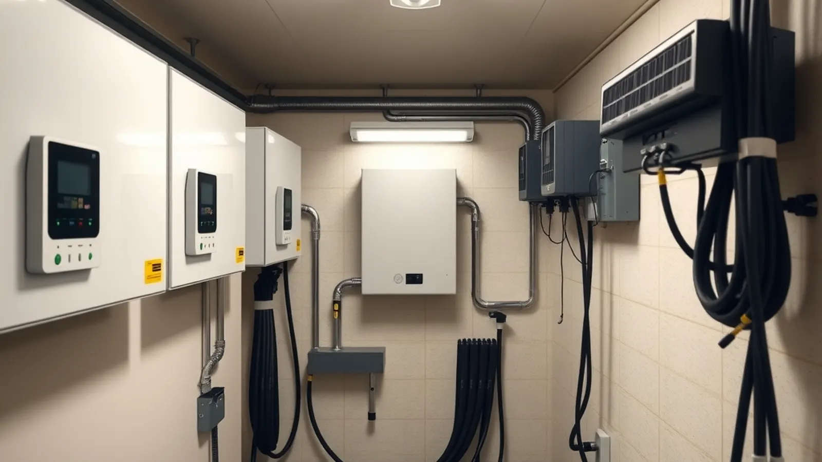 Inside a tidy inverter room with wall-mounted solar inverters and neat cabling