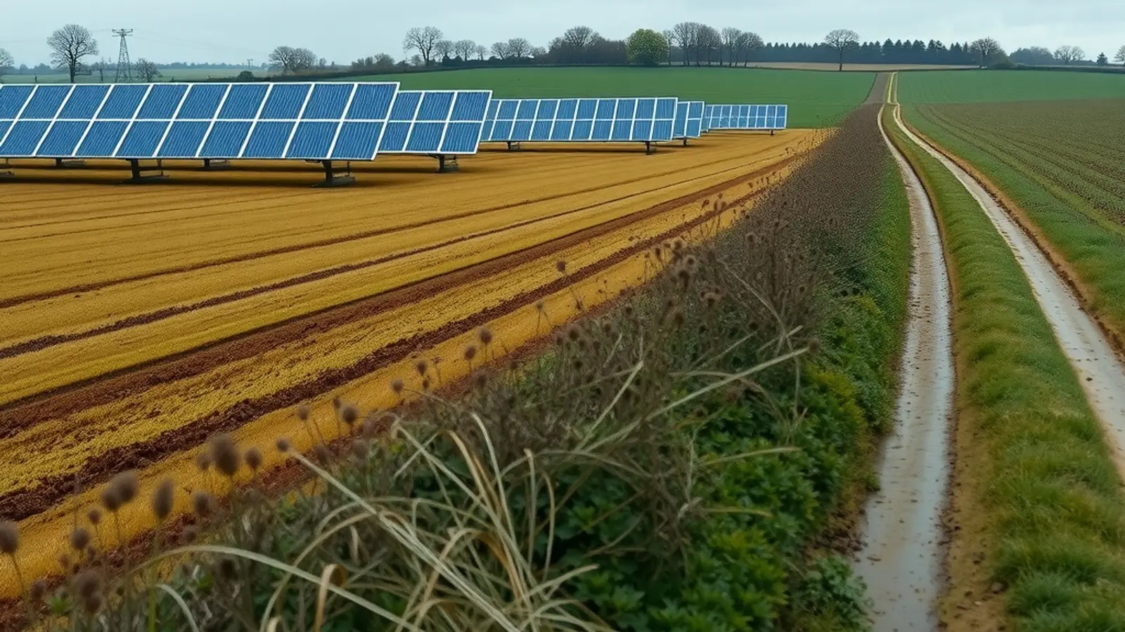 Ground-mounted solar rows beside ploughed and green fields and a muddy farm track