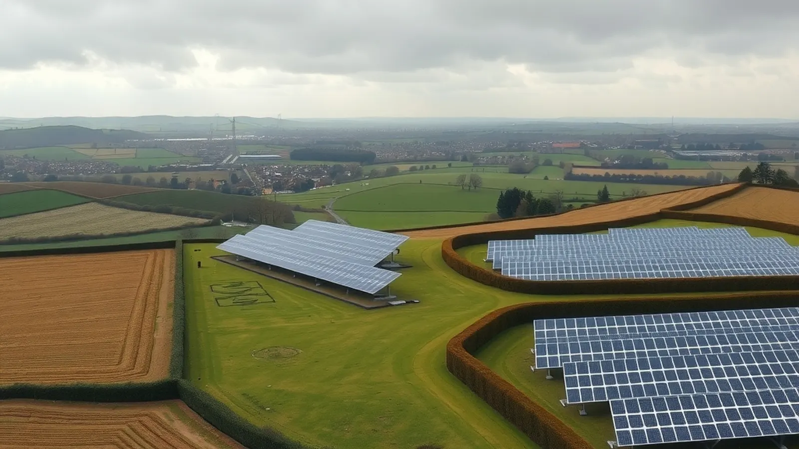 Aerial view of English countryside with a solar park and a distant town