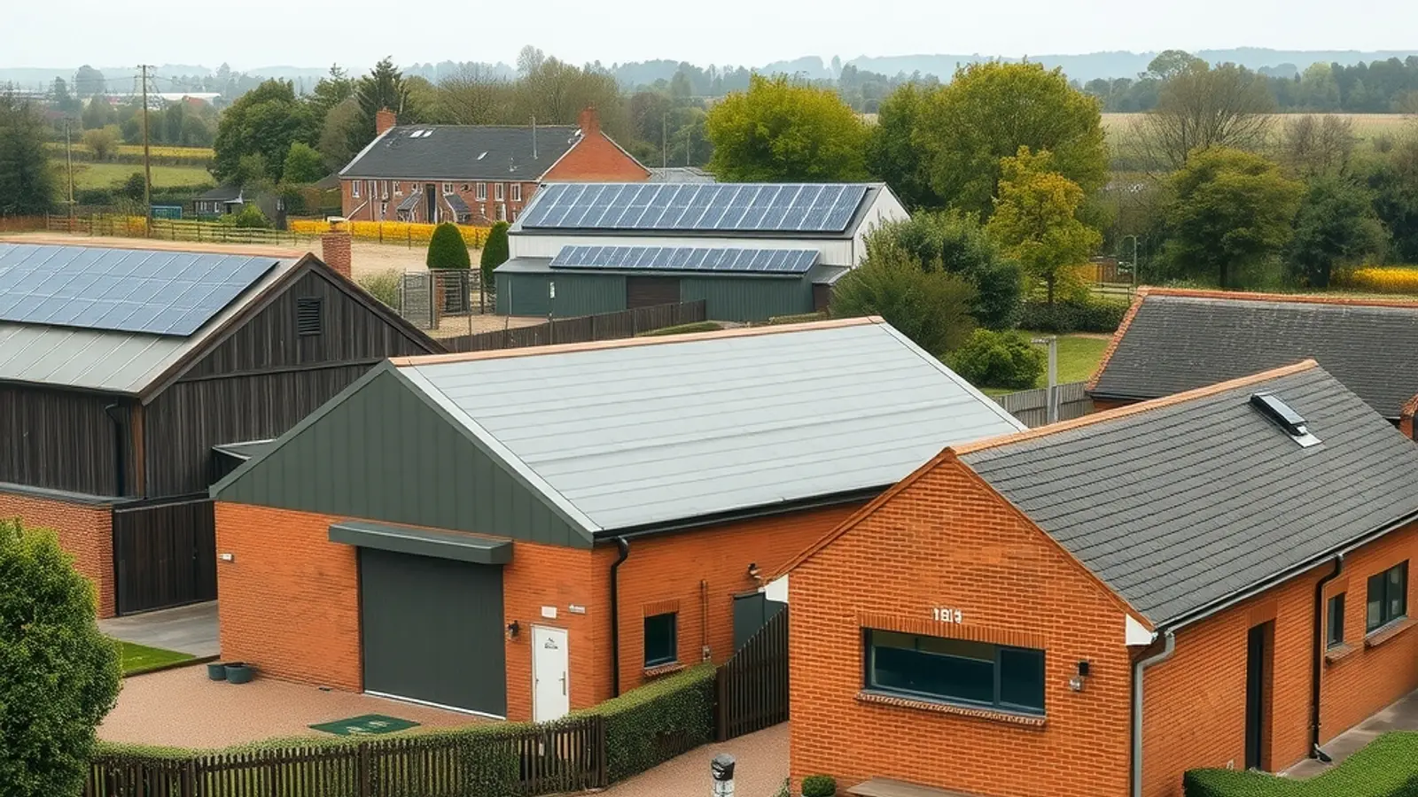 Farm barn, brick buildings and a factory shed with solar roofs in the countryside