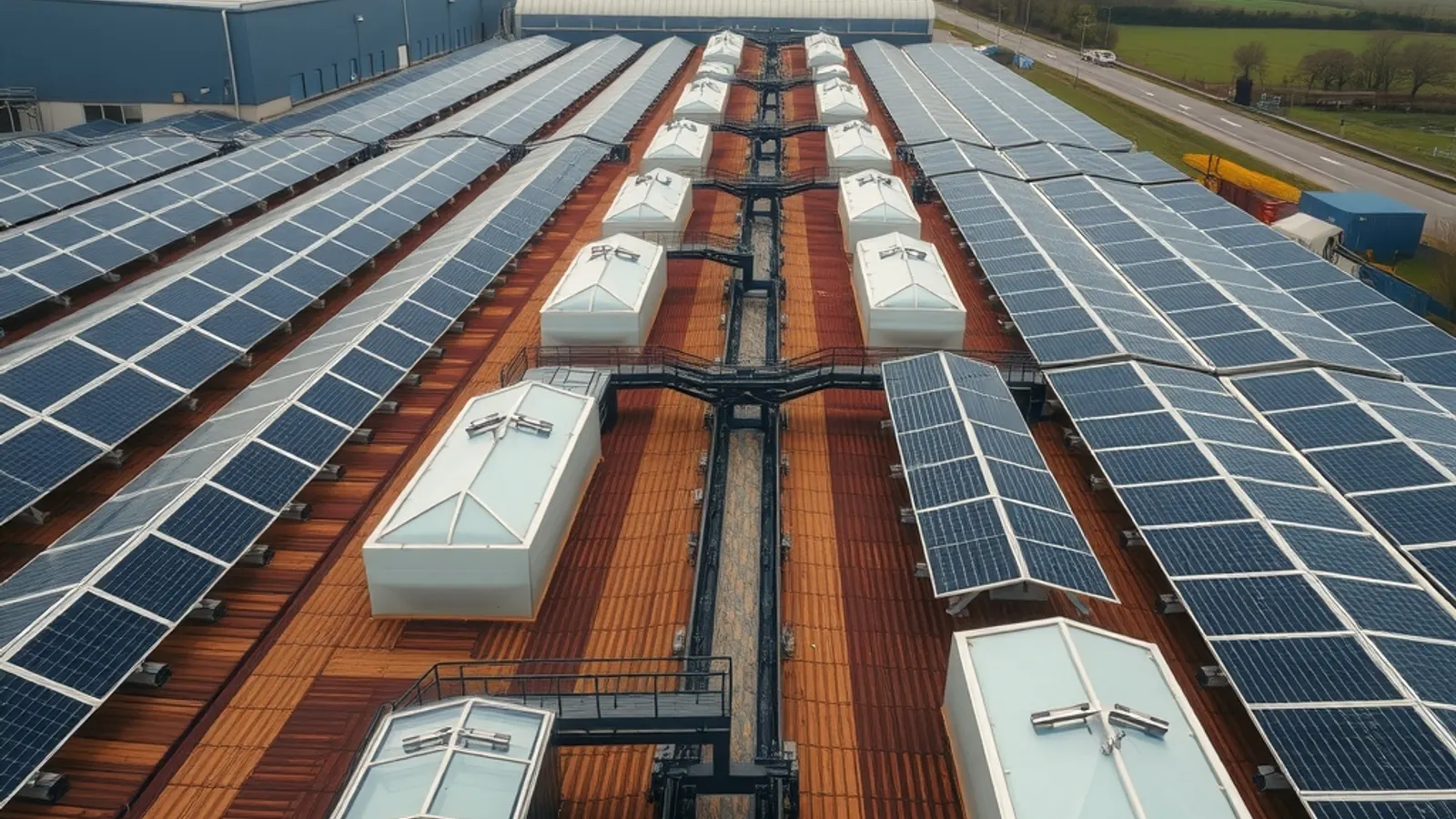 Drone view over a large factory roof carrying a solar array, skylights and walkways