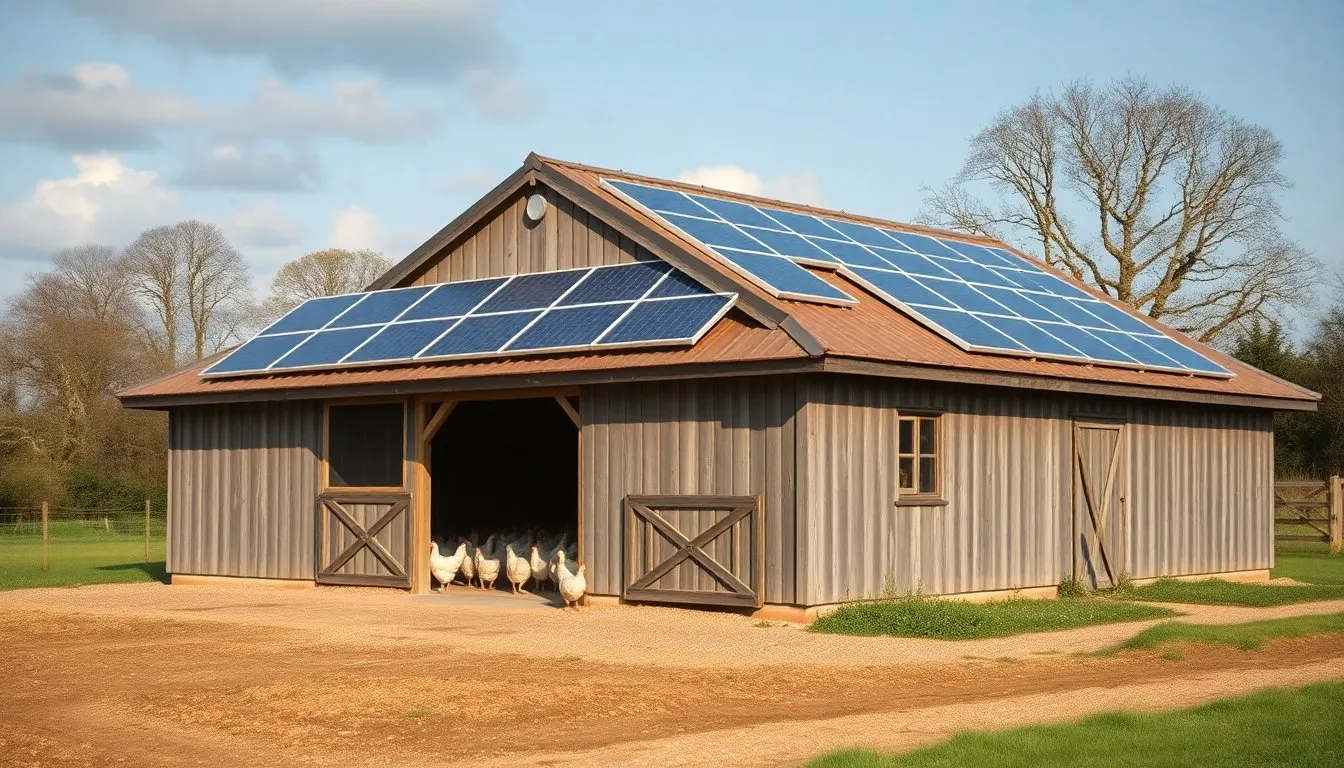Barn with solar panels on one roof slope and chickens at the open doorway
