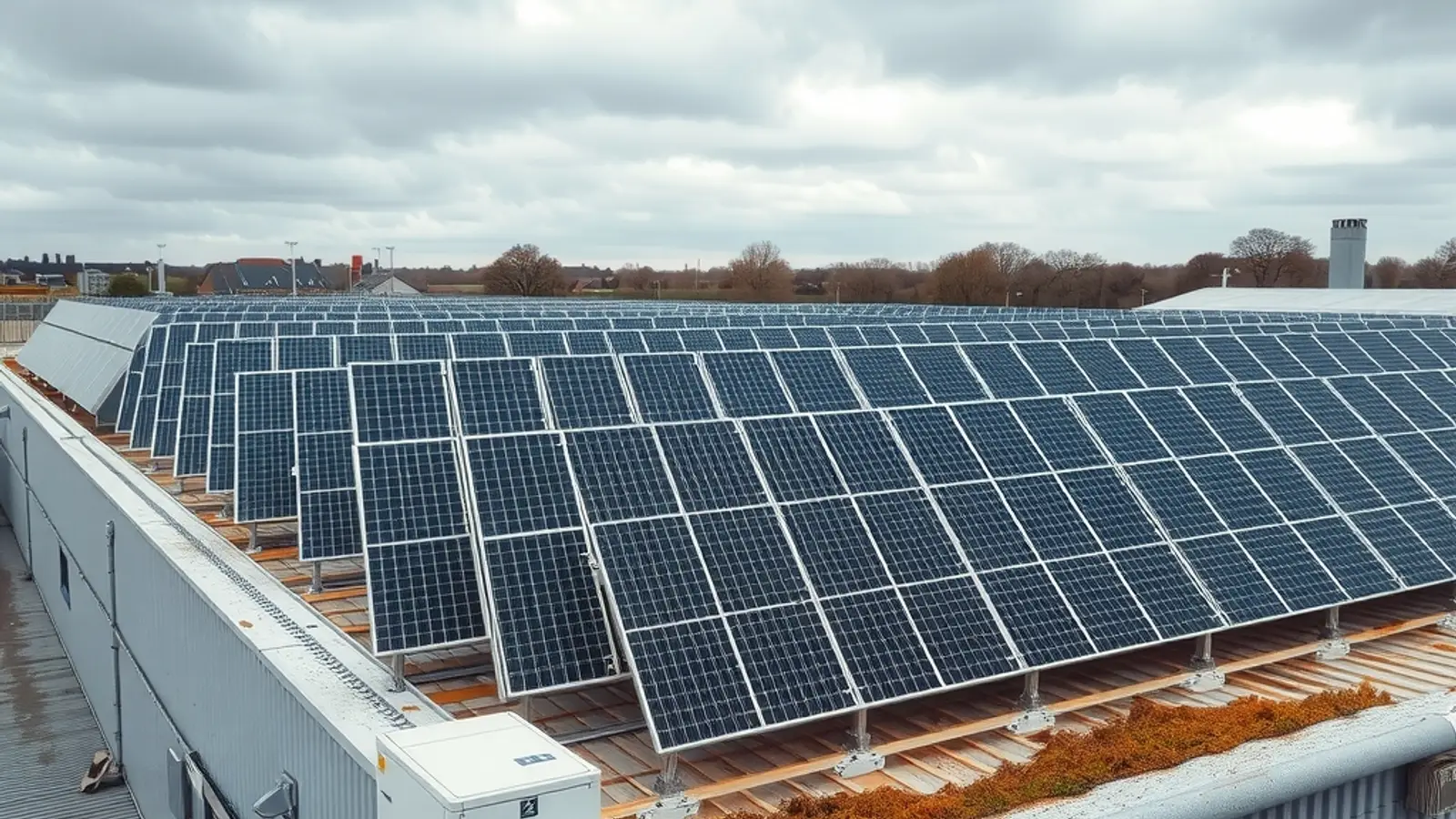 Rooftop solar array on a distribution centre with inverter units at the roof edge
