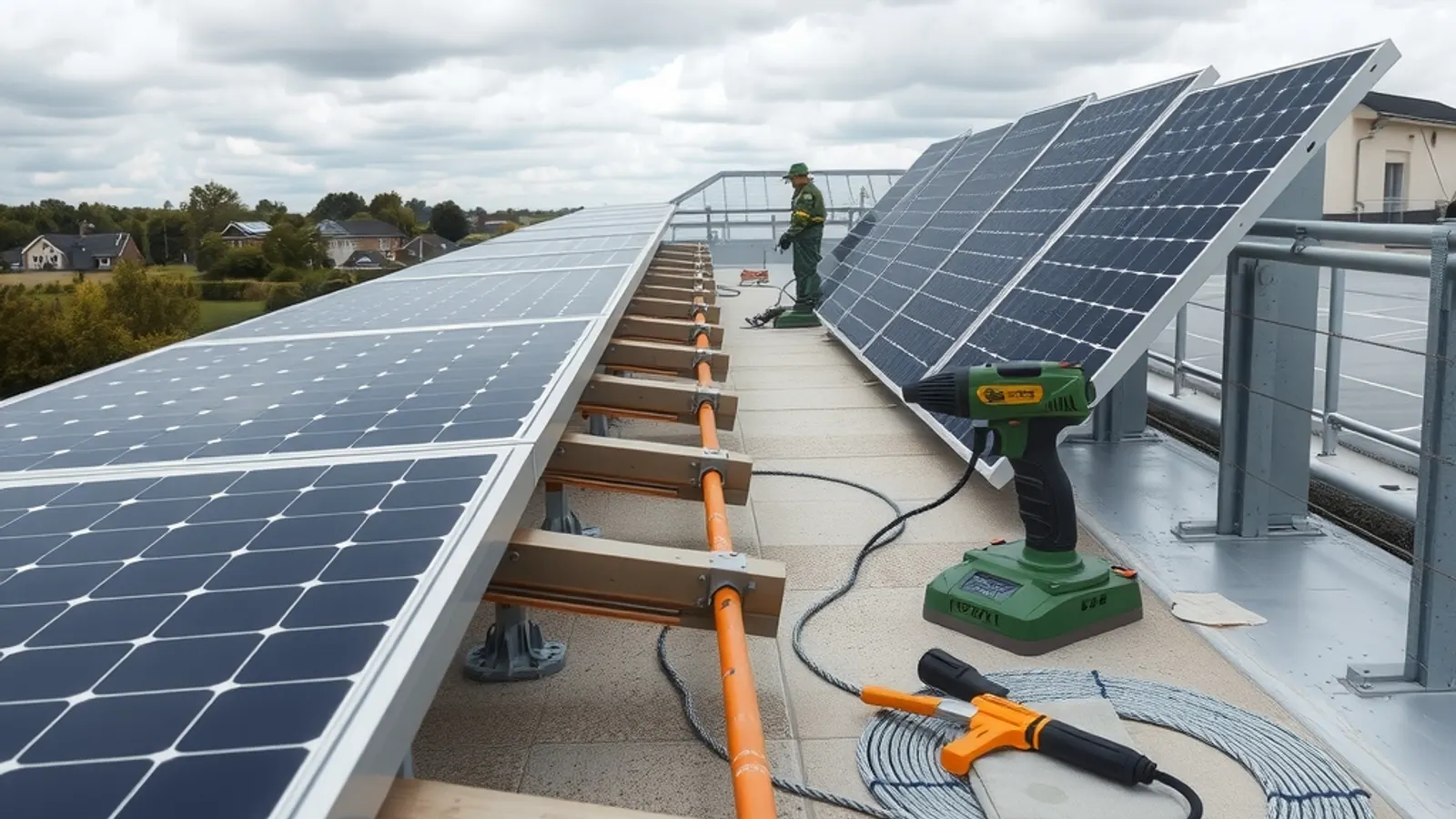 Solar panels being mounted on a flat roof with a power drill and cabling laid out beside them
