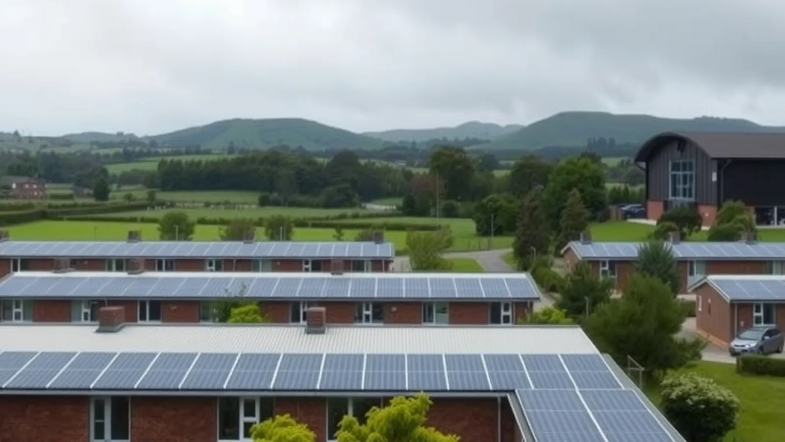 Business park with solar-covered roofs and low green hills behind