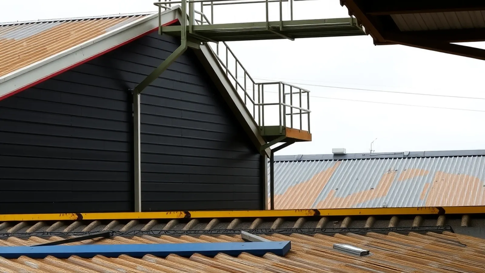 Aged corrugated sheet roof of an industrial unit with roof lights and a safety walkway