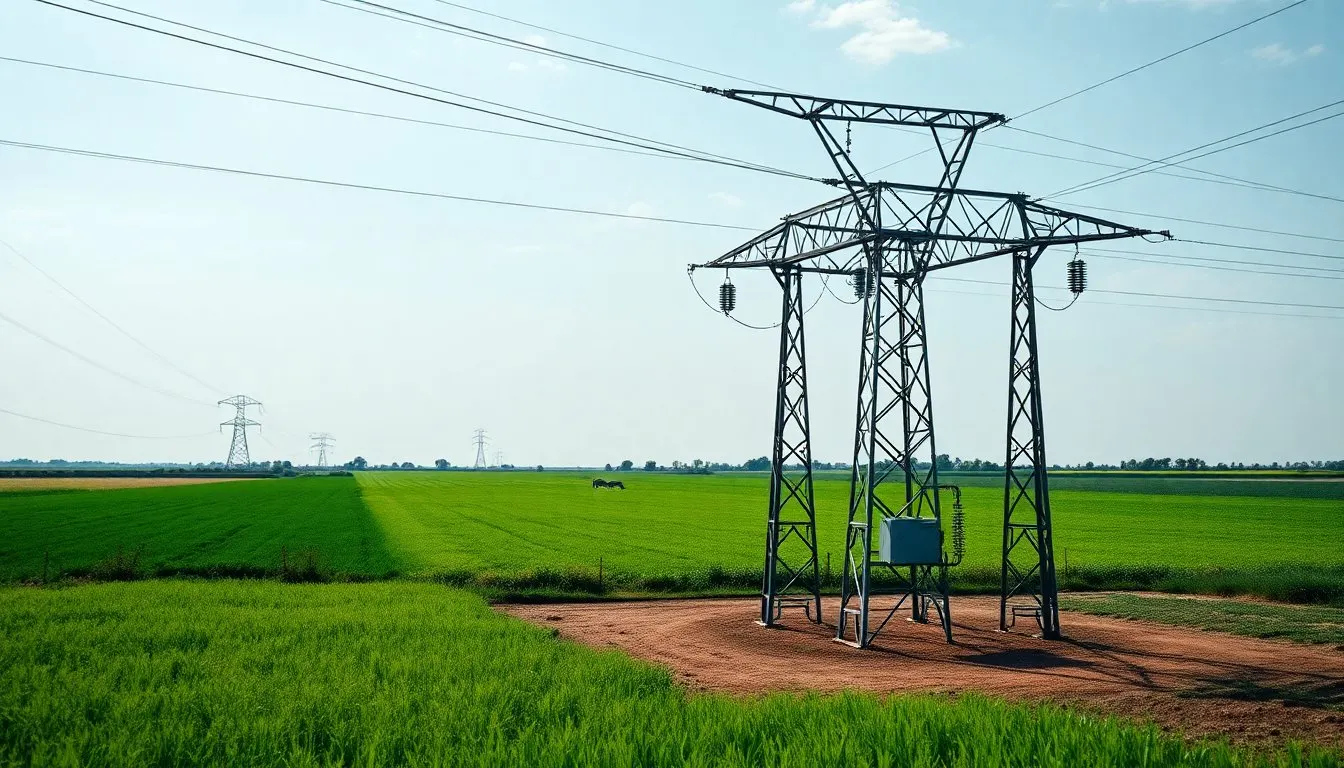 Steel electricity pylon in green farmland on a bright day