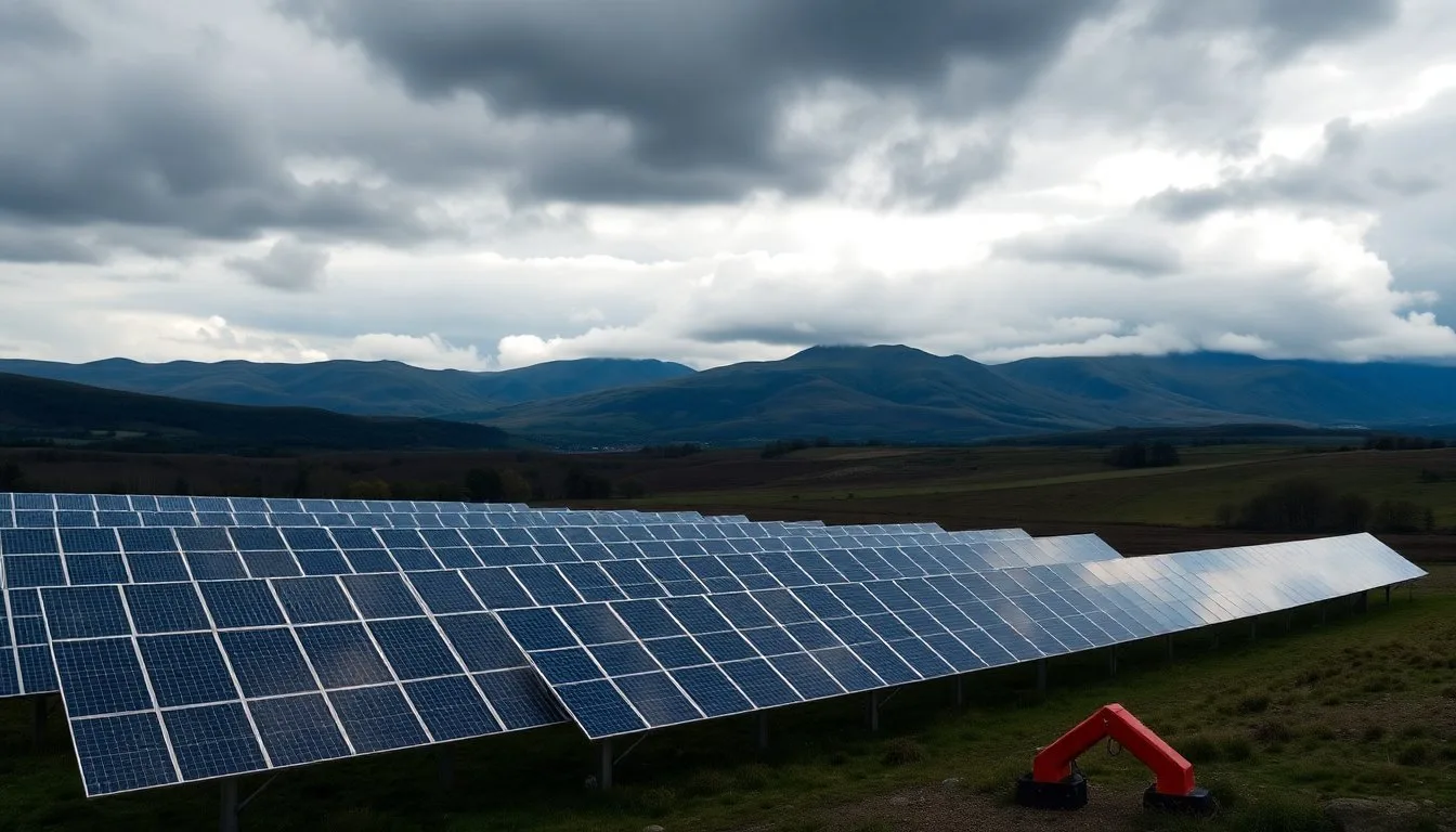 A large solar farm installation in a dramatic Scottish landscape with hills and a moody sky in the background