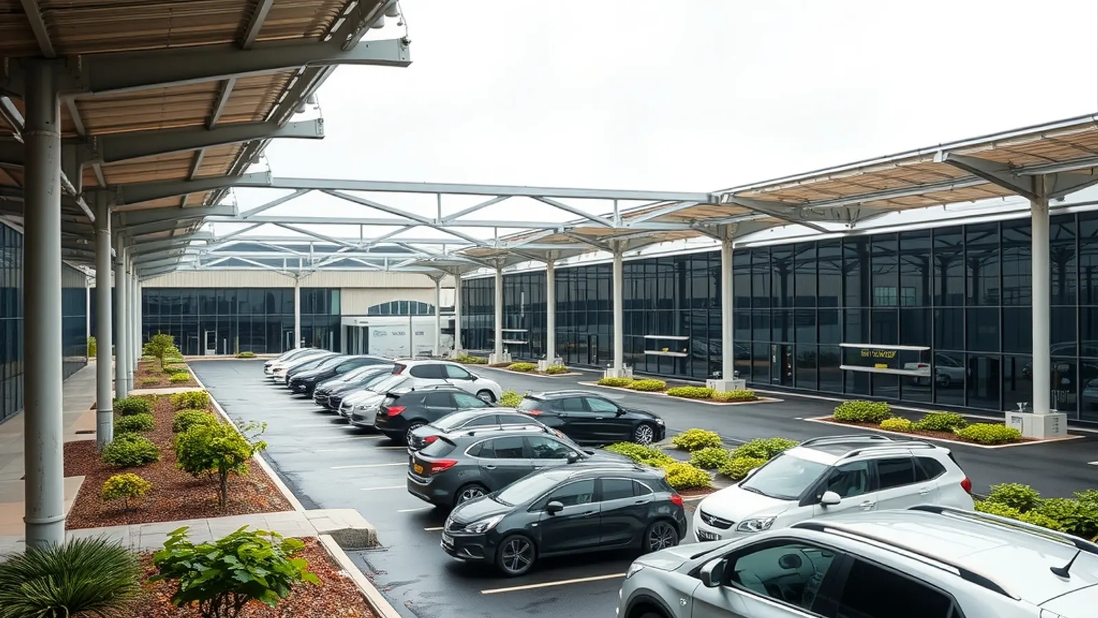 Corporate campus with a solar canopy over parking and planted green areas
