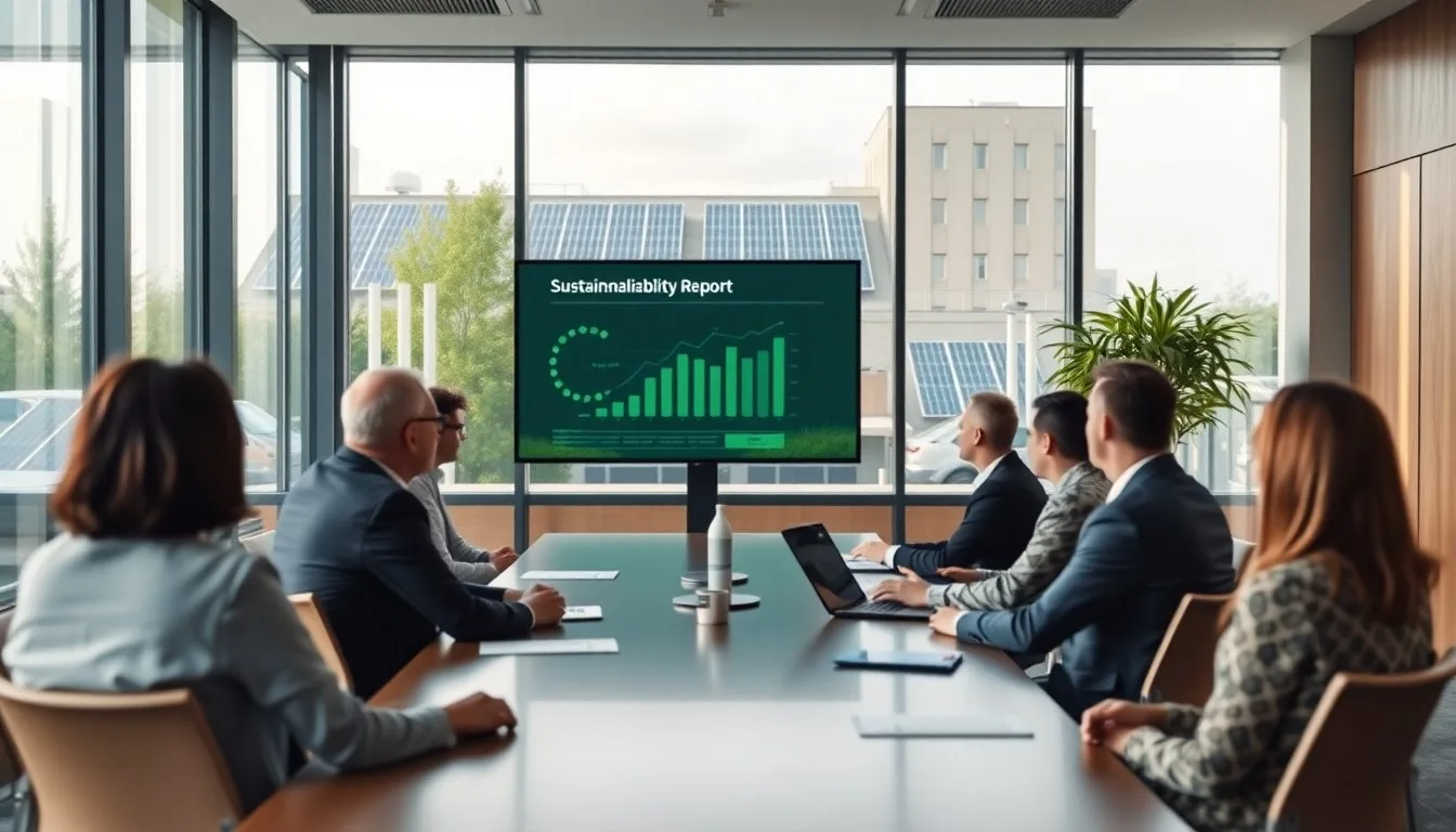 A business meeting in a modern boardroom with a sustainability report displayed on a large screen, rooftop solar panels visible through the window