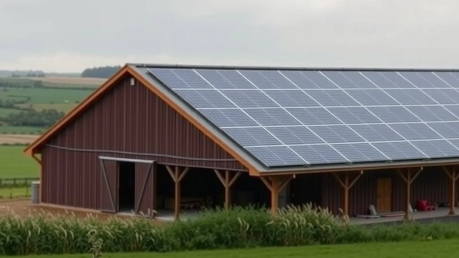 Barn with a solar-covered roof beside green fields