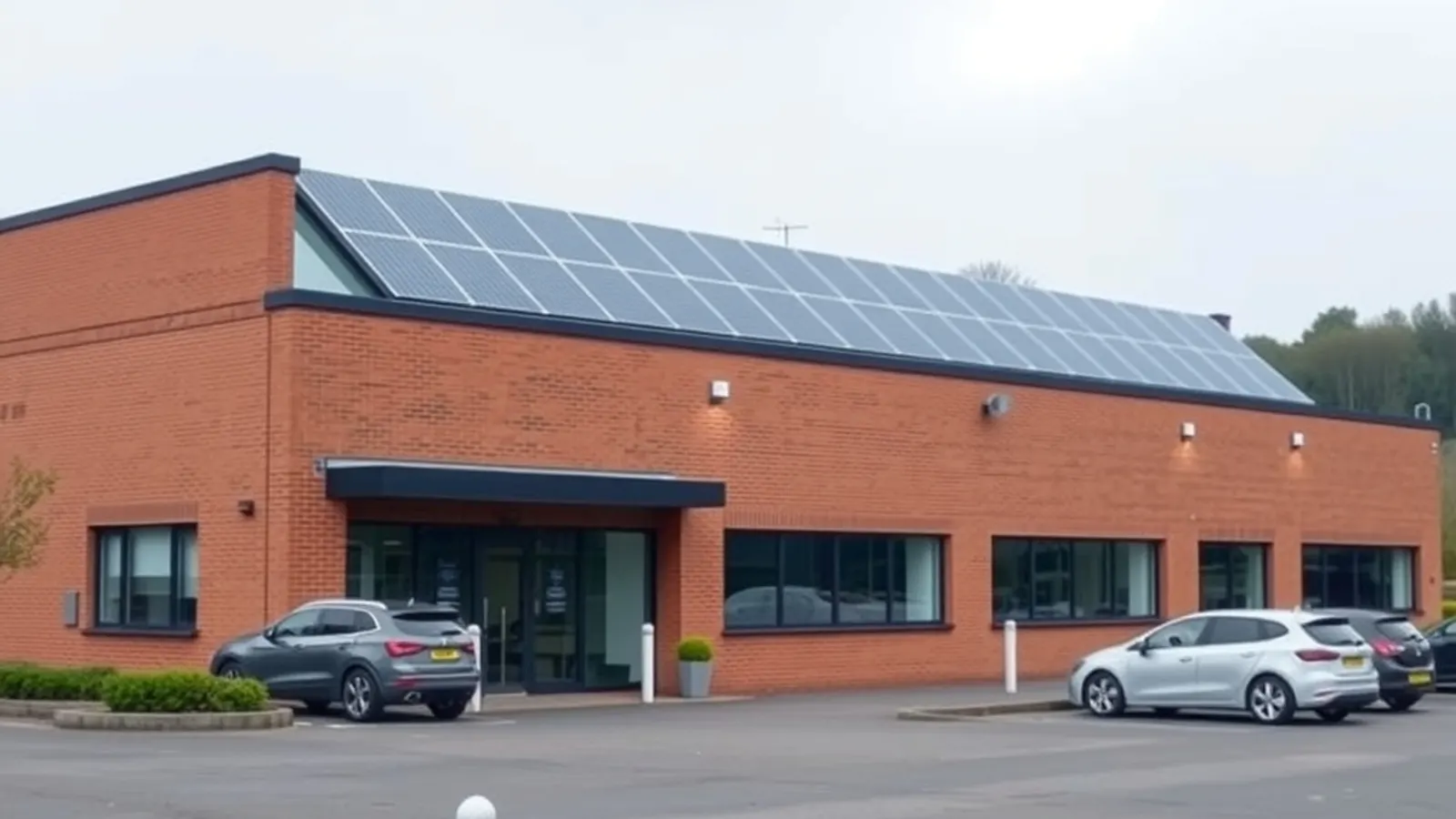 Red-brick single-storey office building with solar panels on the roof and a small car park