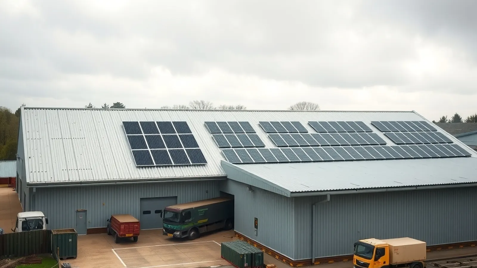 Steel-clad manufacturing plant with a roof covered in solar panels
