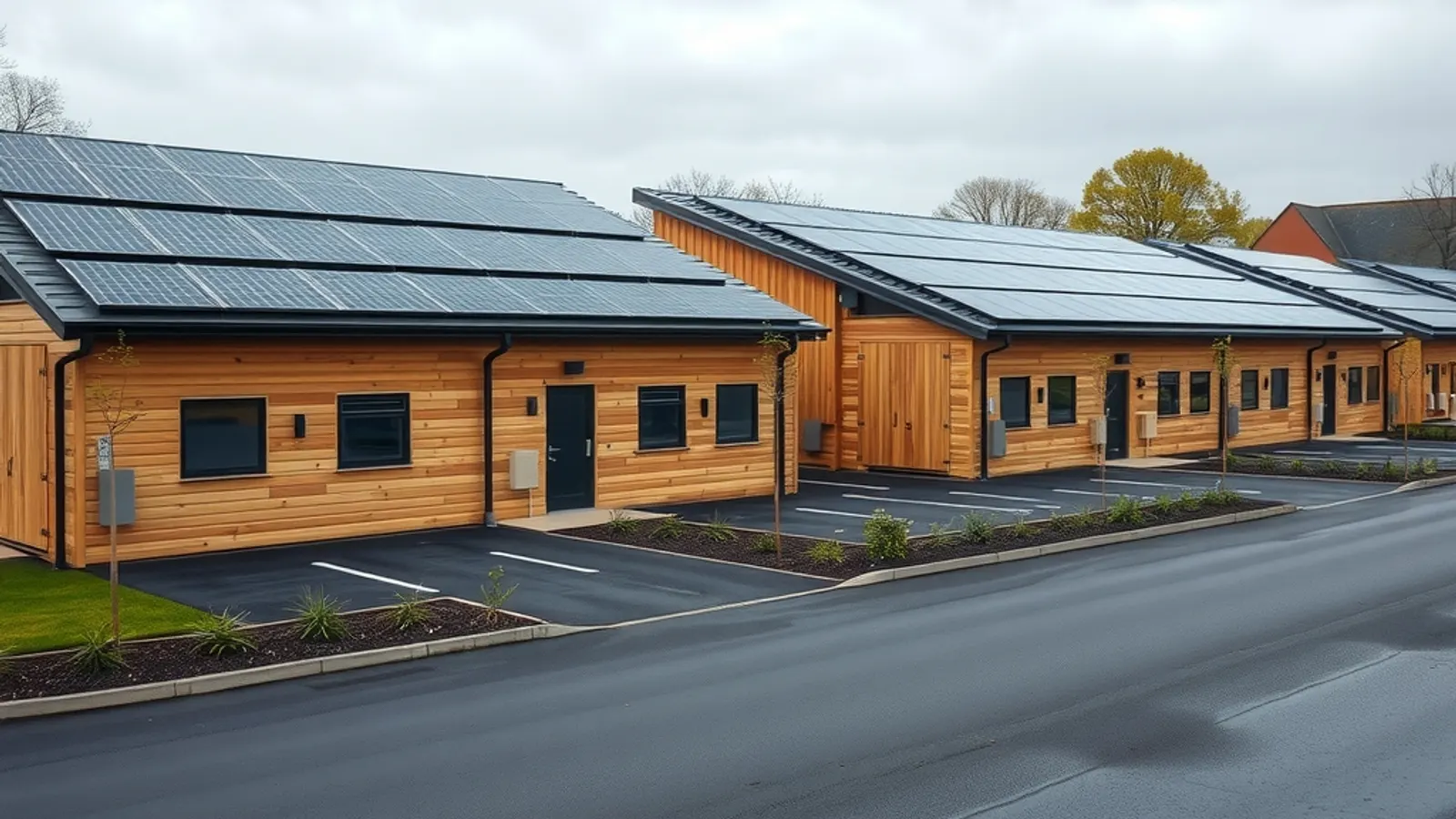 Newly built timber-clad commercial units with solar panels on their roofs