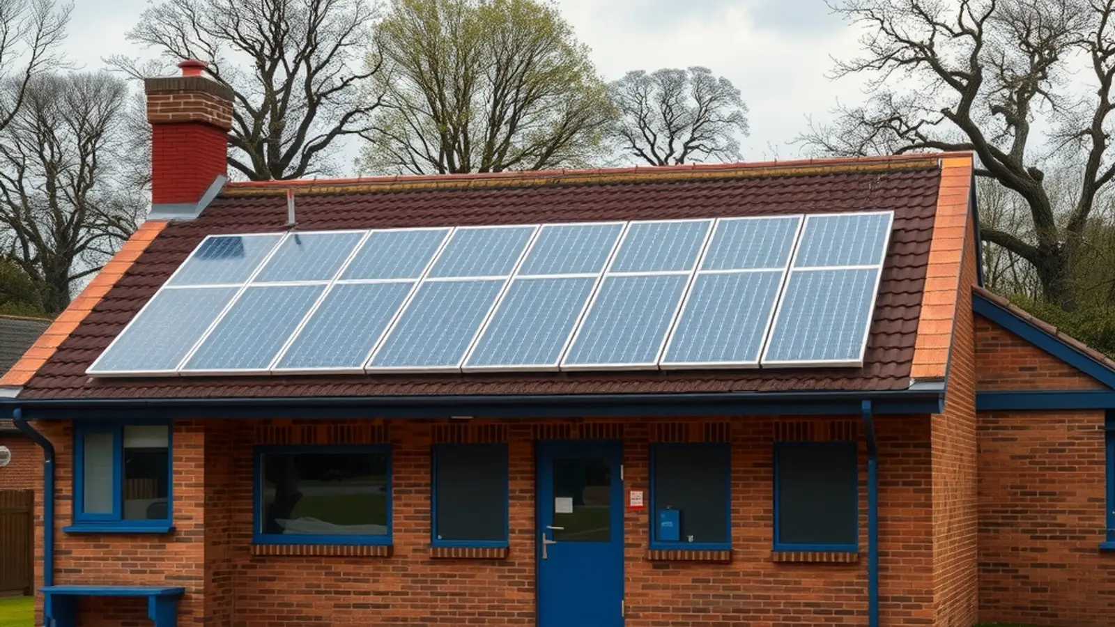 Brick school-style building with solar panels on its pitched roof