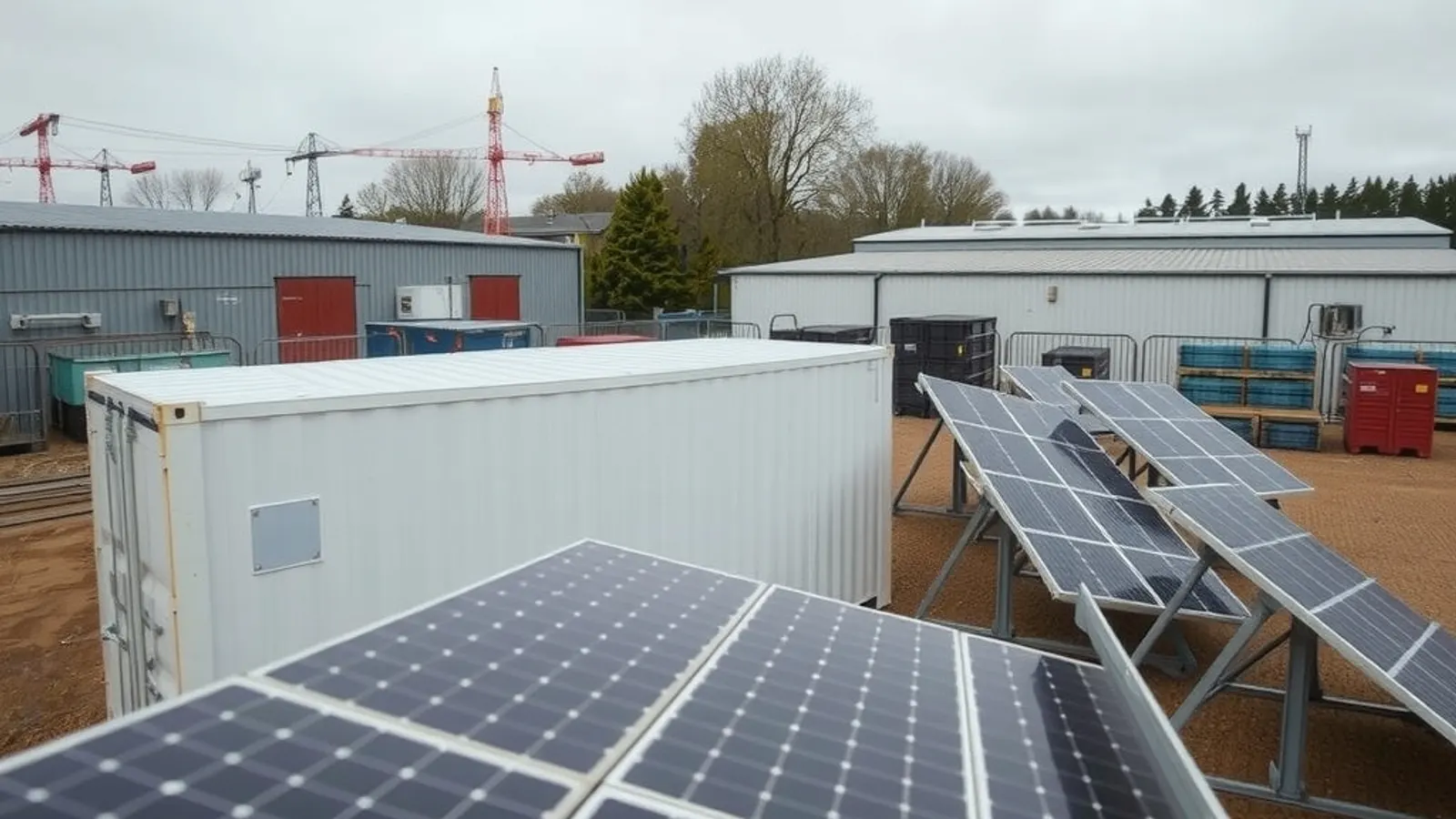 Solar panels beside a white battery storage container in an industrial yard