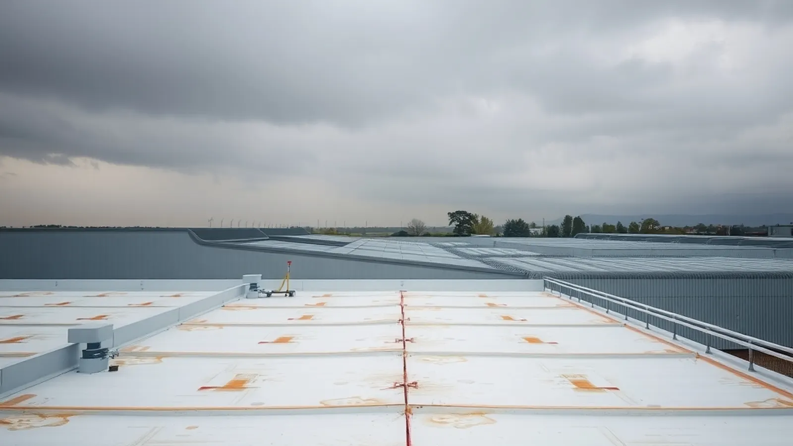Bare flat roof of an industrial unit with roof lights and an edge rail, before any solar panels are fitted