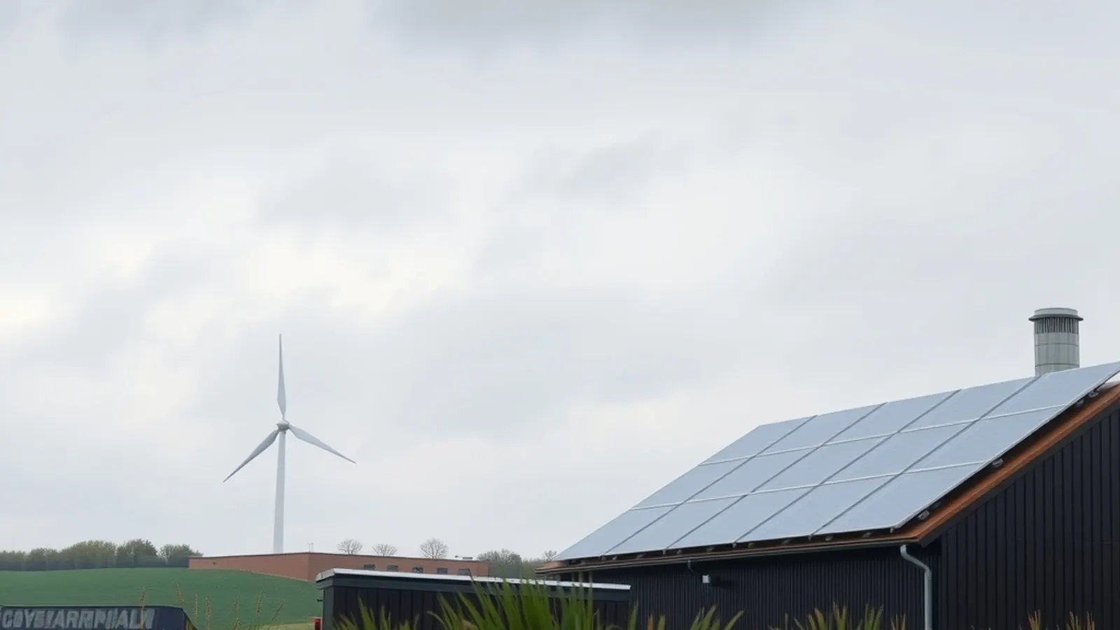 Black-clad building with solar panels on the roof and a wind turbine in the background