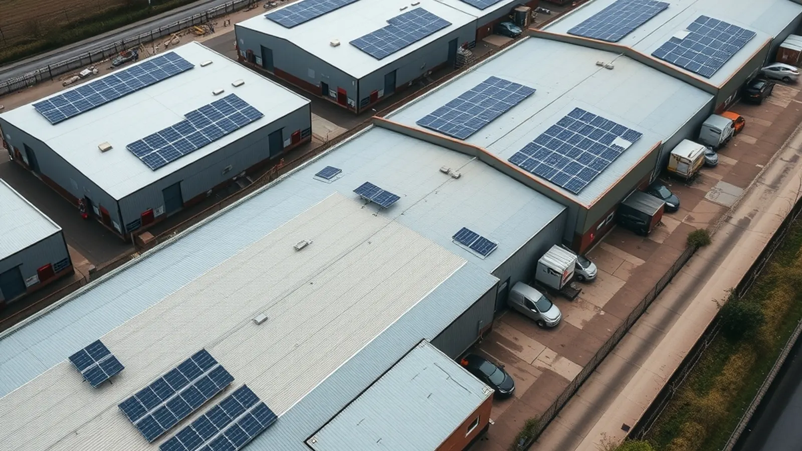 Aerial view of several logistics warehouses in a row, each with a solar roof