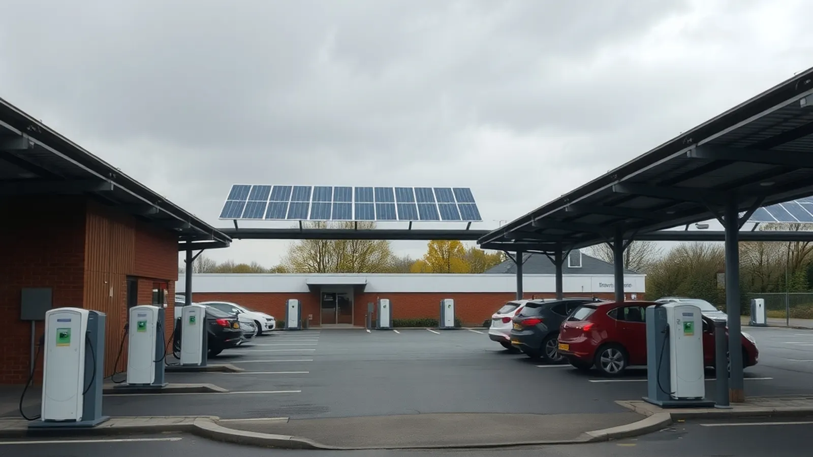 Solar carport canopies over an empty car park with electric vehicle charging posts