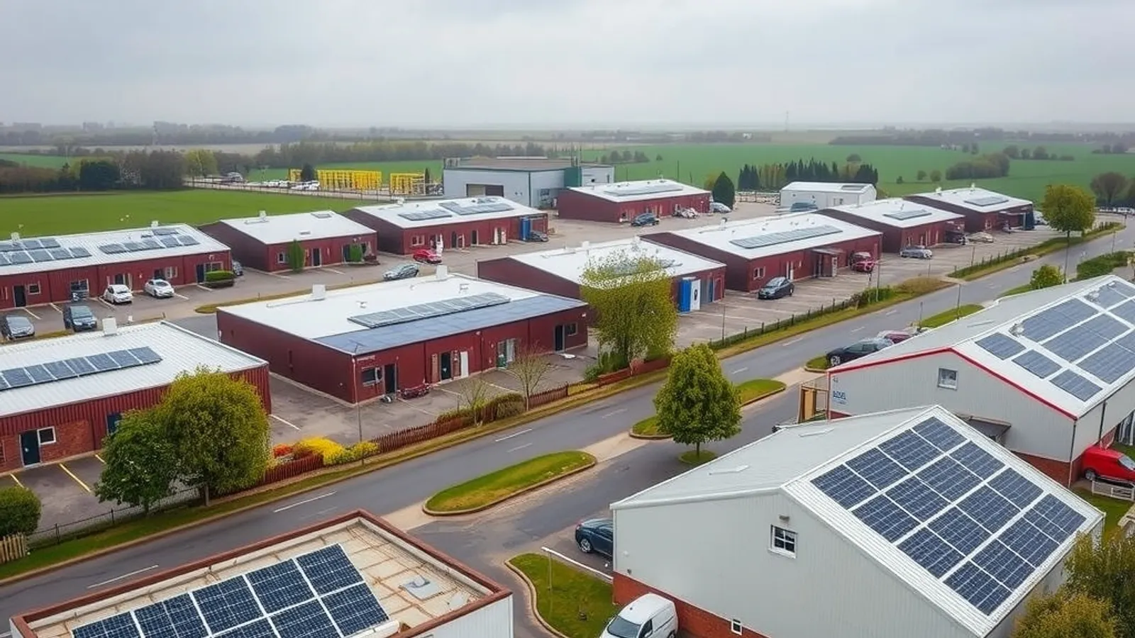 Business park with several commercial buildings carrying rooftop solar panels