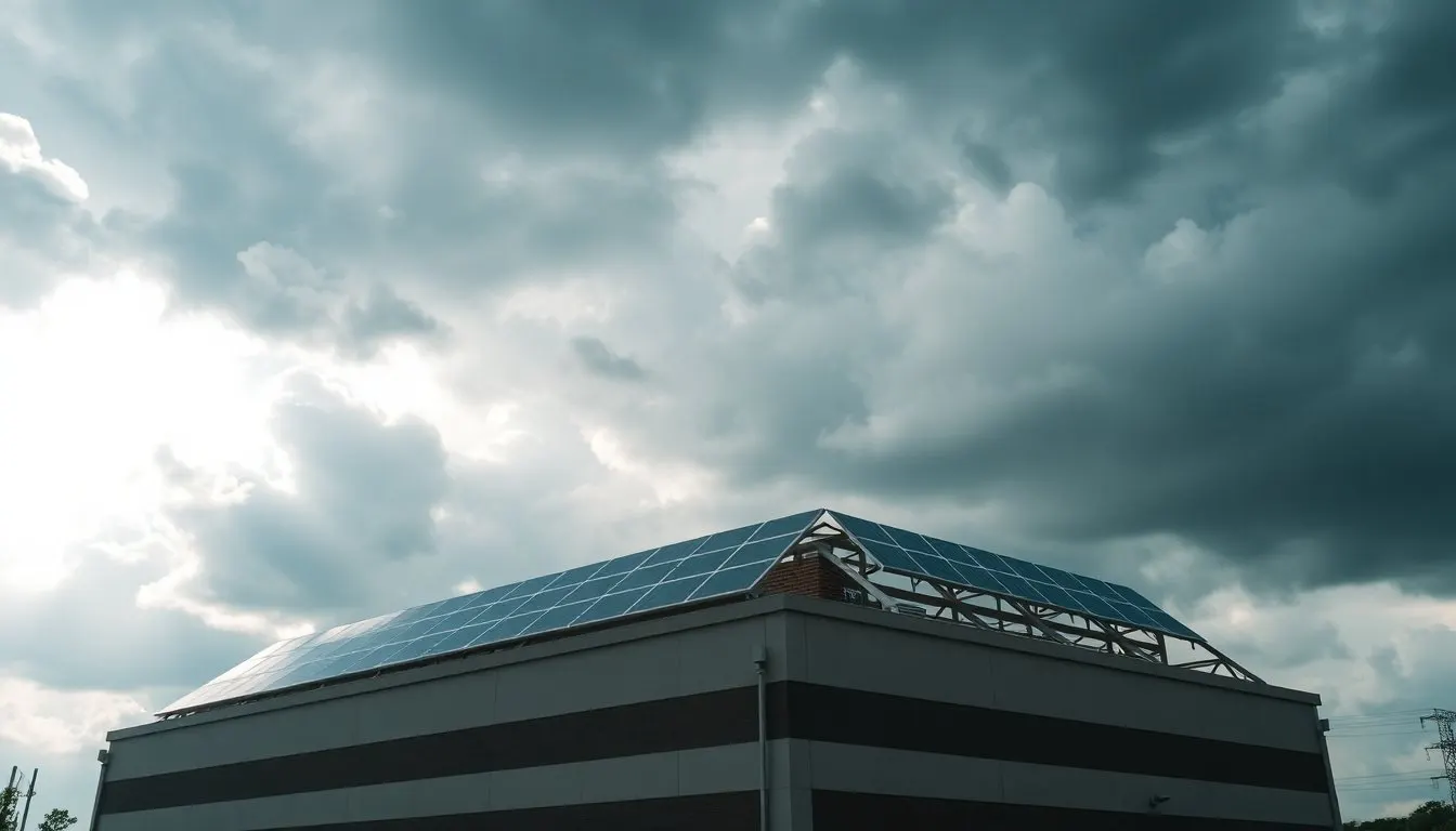 Industrial building with rooftop solar under a dark storm sky