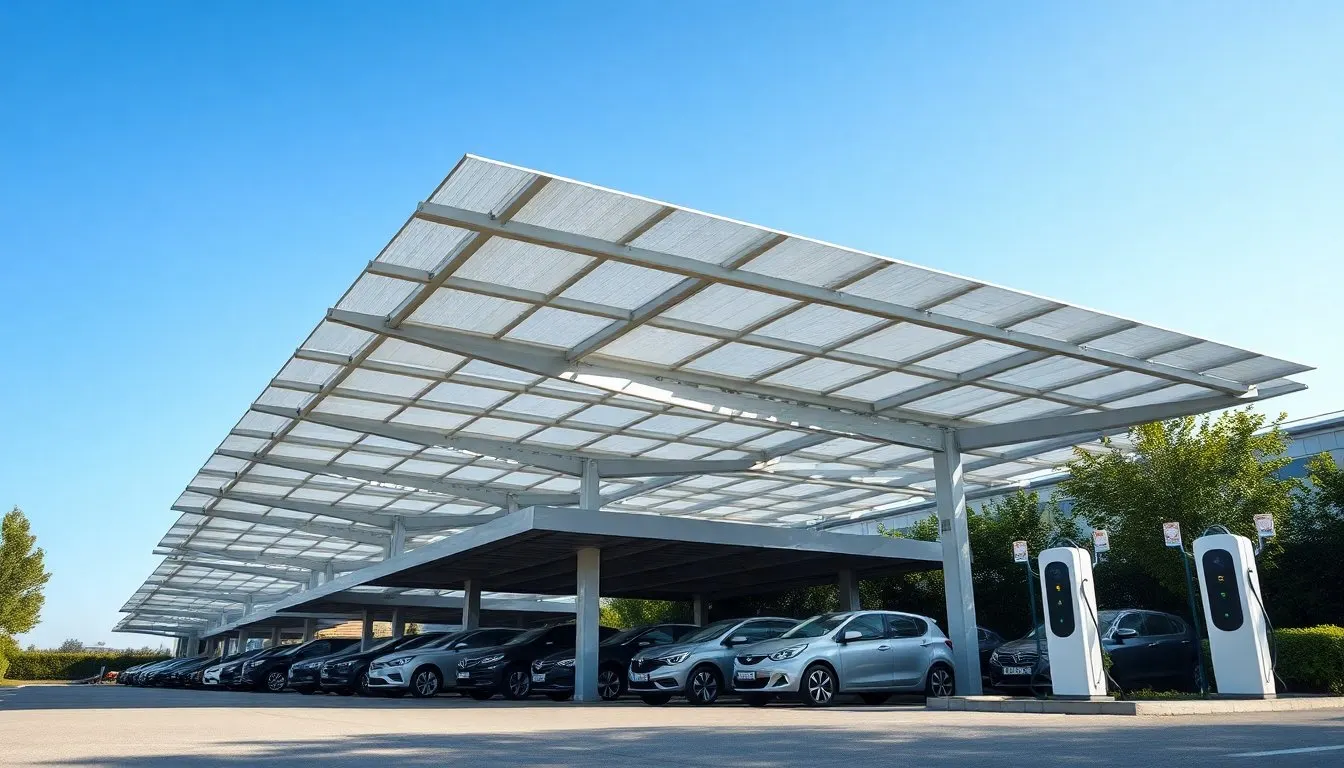 Solar carport canopy over a car park with electric vehicle charging points